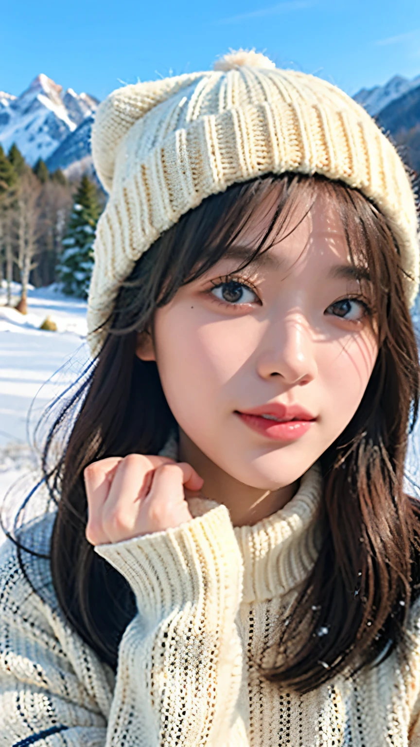 A heartwarming winter scene of a woman with a short bob hairstyle, wearing a knit sweater and hat, playfully catching snowflakes on her hand in a snowy mountain setting. Her short bob peeks out from under the hat, adding charm to her joyful expression. The sweater and hat are textured with detailed cable-knit patterns, and the background features majestic mountains and softly falling snow, creating a magical winter atmosphere.