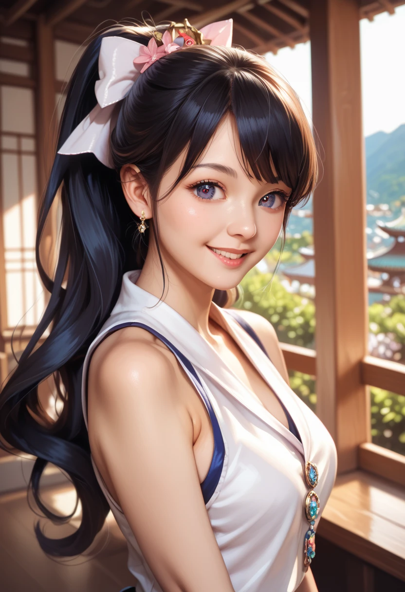 Sleeveless, Ponytail, Japan Girls, 8K, LAW Photos, Top Quality, Masterpiece, Realistic, Photorealistic Super Detail, One Girl, Cute, Best Smile, Beautiful Eyes, Long Hair, Perfect Facial Features,