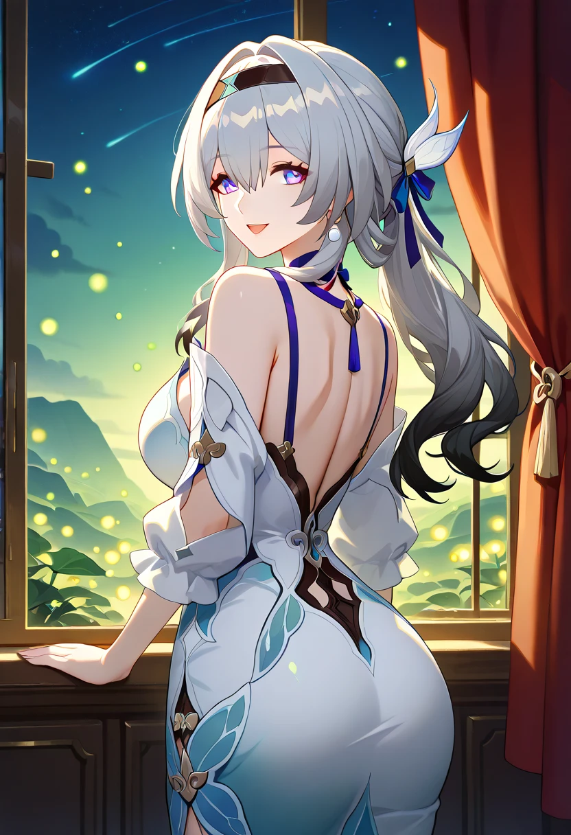  1 girl,  fireflies,Honkai：Star Rail,Alone, Mature Woman, long hair, chest,  look at the viewers, , smile,  open her mouth ,  blue eyes,  glamorous ,  erotic,  mature,  hair ornament,  hair between eyes,  white hair , Grey Hair,   hair bow ,  ponytail, sidelocks,  hair bow, indoor, Looking Back,  Window ,  gradient hair , hair intakes,  black hair band, curtain,  Tight Long Dress,Belle Shoulder ,