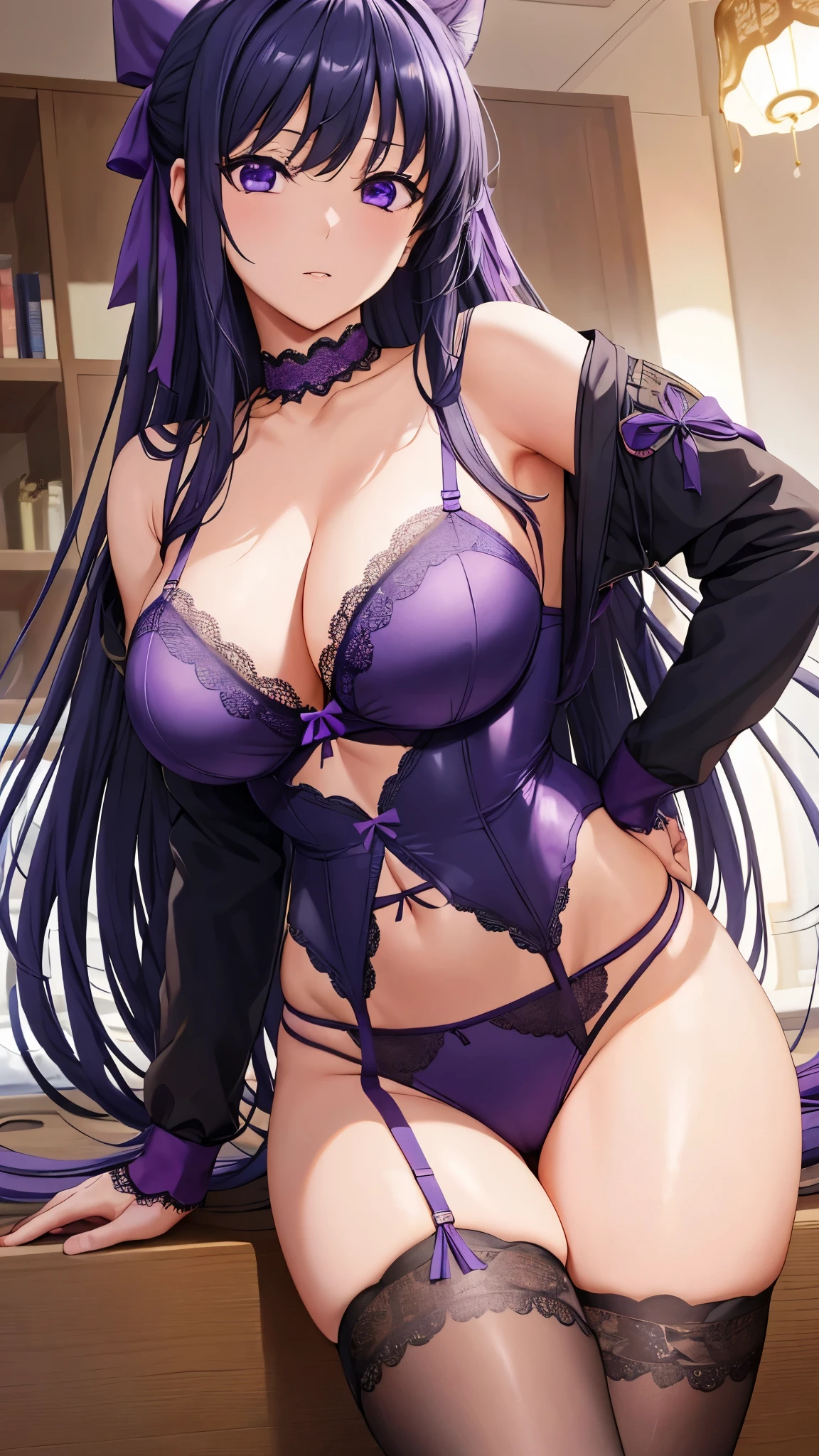 Akane Ryuzoji、 (  best quality) 、 (  best quality) 、(masterpiece)、(8k resolution),Beauty、(  looks like an adult )（  perfect style ）、( Big Breasts )、 、Dark blue long hair、 Purple ribbon 、  unbearable ecstasy 、（Get closer）、 purple lace garter belt、Purple lace bra、  sexy pose  、