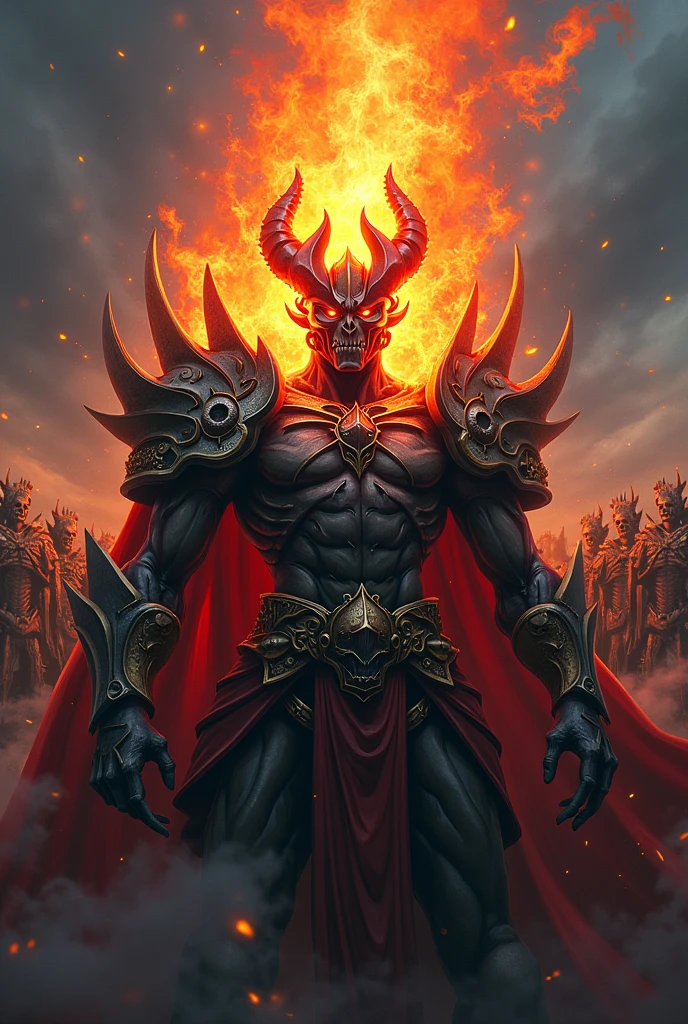 Pooka monster, Gold armor, demon, fantasy art, From his look alone enemies starting to panic, one head,devilish smile, Hell beast, demon, white-fire Sky, warrior, with scythe and shield, glowing red eyes, realisitic, highly detailed, Unreal Engine, 8k-upscale