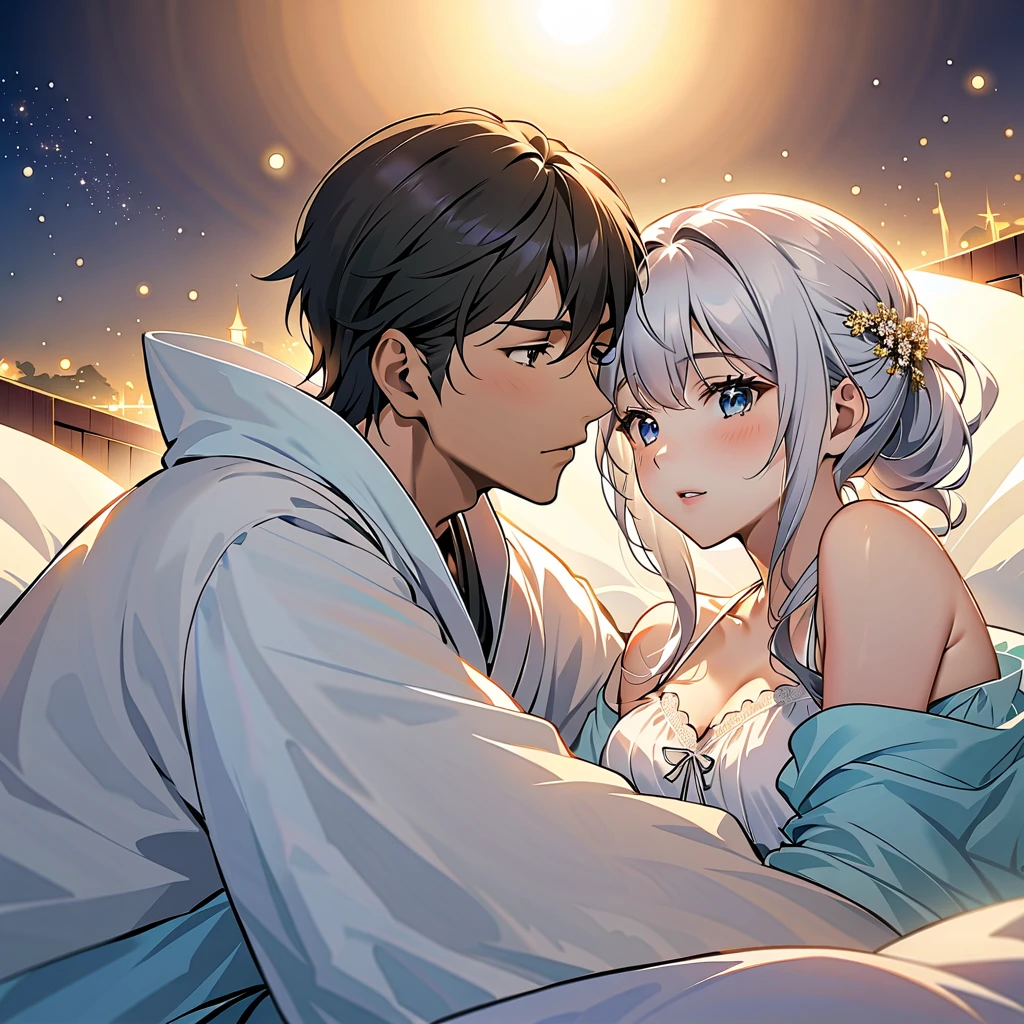 1 male、A man hugs a beautiful girl who looks like the heroine of an idol anime with an innocent face,My boobs are visible from my chest in a nightgown , Max Image，Best Style,On the futon at the inn， during sexual activity，Night Sky,