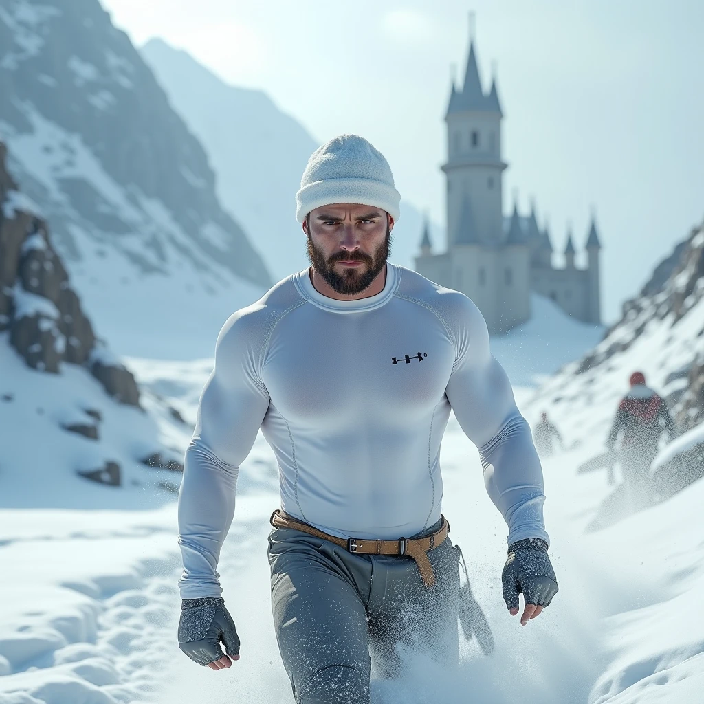 8k,highres,sunset,masterpiece,shot by Hasselblad,(Rembrandt light),winter with thick snow,A  handsome musclebears male is snowskating ,holding ski poles,wearing a  ski pants,topless,ski goggles on head,(large pectorals),(puffy nipple),fat body,hairy body,steamed body,(mountains on background),very short black hair,silver dogtag,best quality,masterpiece,intricate details,dynamic pose,dynamic angle,smirk,cinematic,<lora:LuxTech-20:0.9>,luxtech,luxurious,gold,cyberpunk,