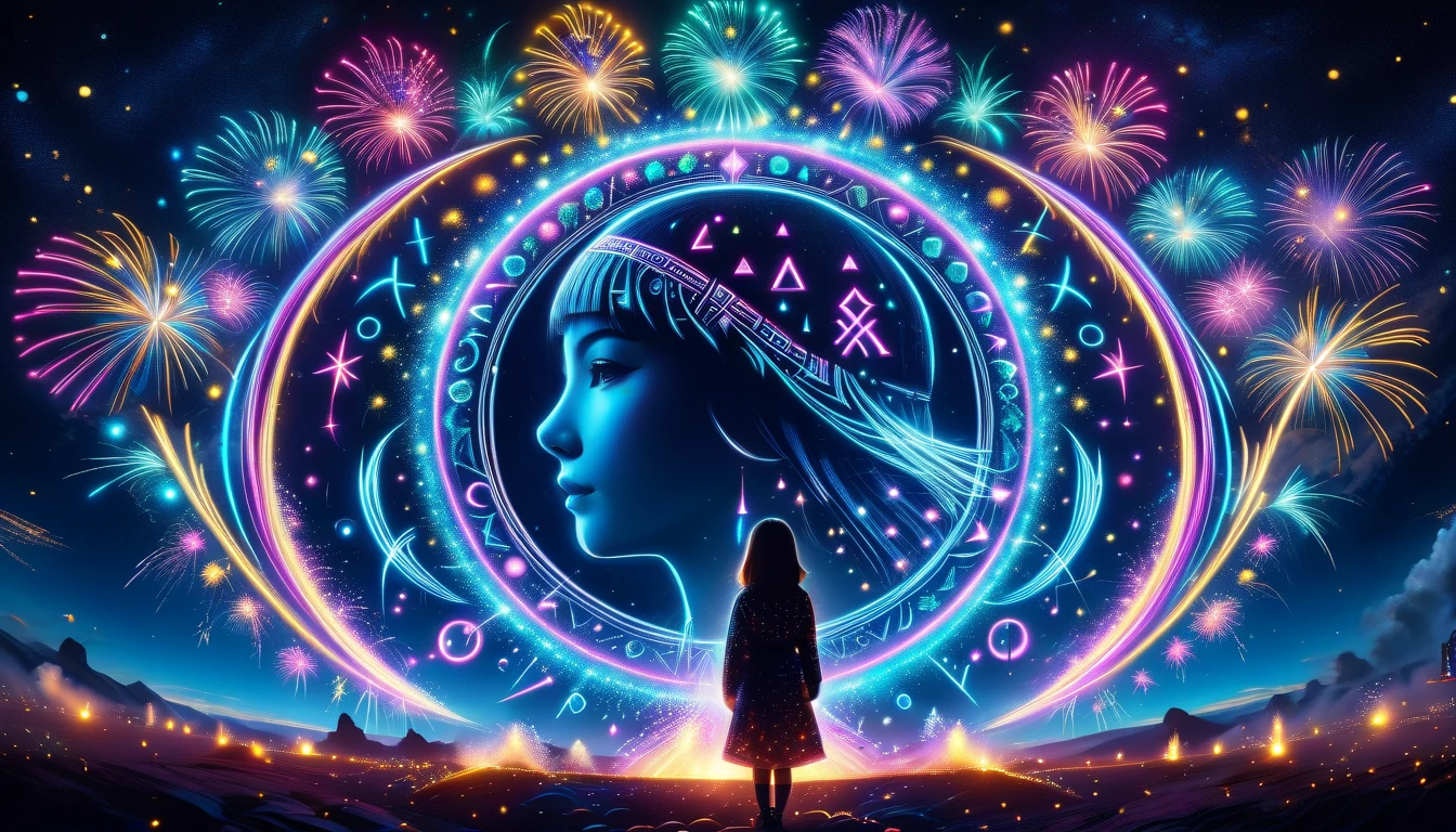 cline,  Mysterious Bezier Curves , Lucia,Runes, bangs,8k,
 Spirituality , Interstellar Civilization , Mysterism ,
ONE GIRL IN NEON ,Alone,最 High Quality ,  High Quality ,  high definition ,   Masterpiece , Sharpening, Nice face,
  Lal Fireworks, 
  Stencil Style ,