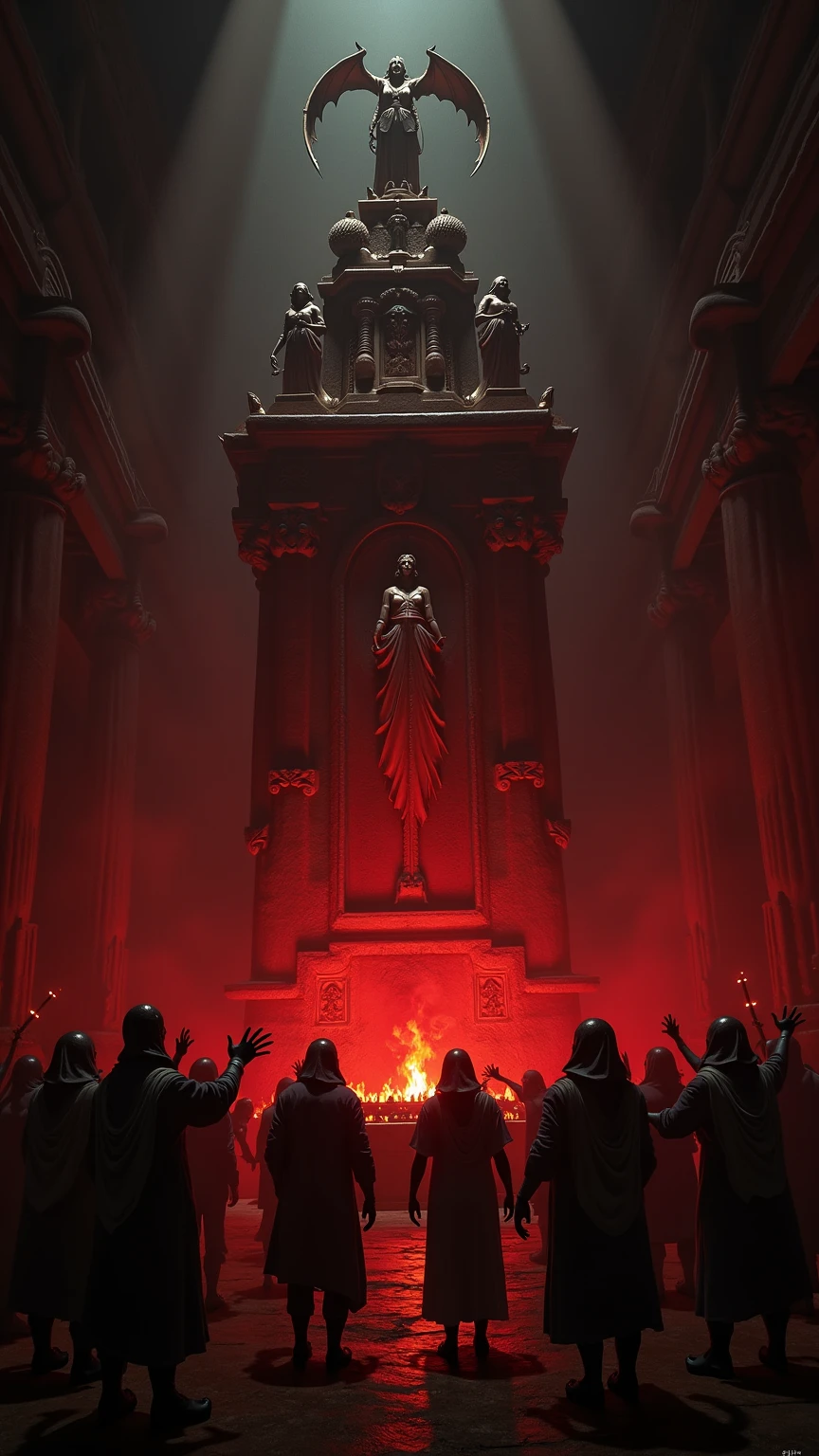 A foreboding altar illuminated by red flames, adorned with detailed ...