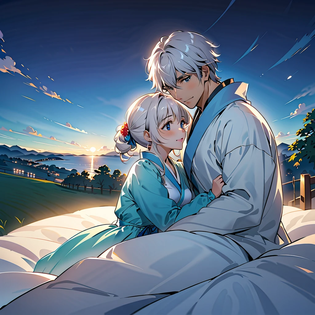 1 male、A man hugs a beautiful girl who looks like the heroine of an idol anime with an innocent face,My boobs are visible from my chest in a nightgown , Max Image，Best Style,On the futon at the inn， during sexual activity，Night Sky,sex