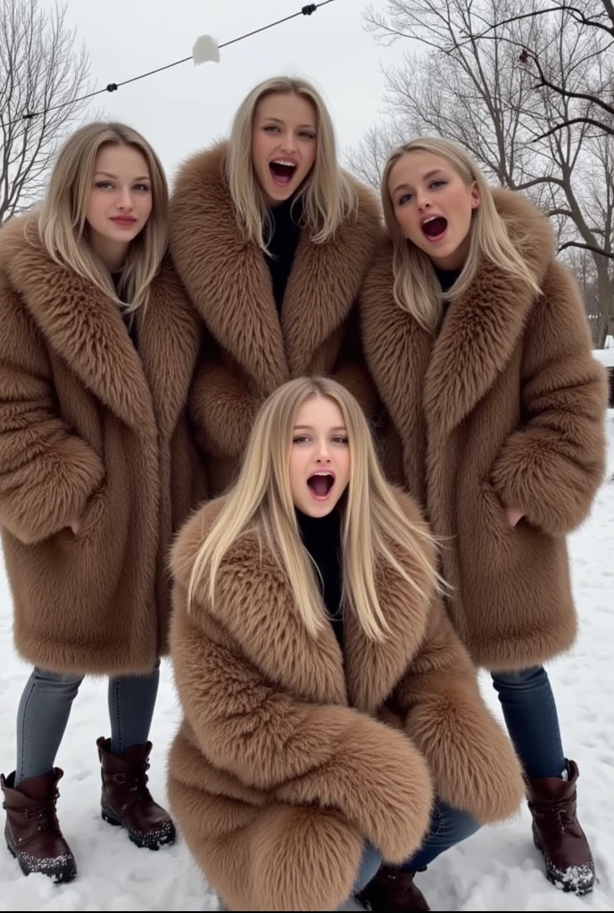  is wearing a fluffy fur coat、Fair-skinned、 RUSSIAN GIRLS。Blonde、winter、 Brown fur、 Voluminous Fur 。5 people。Amateur photography selfie of a young crazy female with open mouth and [uvula|tongue|uvula], [laughing|yawning|laughing],　 looking eyes at camera,  leather boots, ultra high quality,