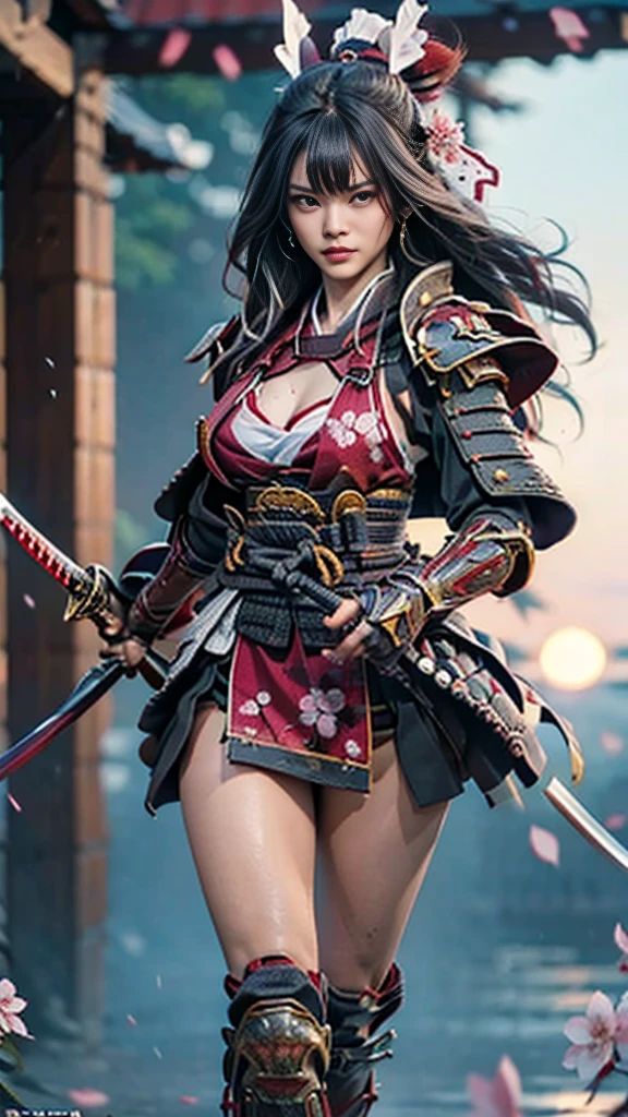  Sexy female character dressed as a warrior from the Sengoku period 、((toned body))、 toned body、The hair is cherry colored、 a sexy female character dressed as a warrior from the Sengoku period 、 The sakura-colored armor with a cherry blossom pattern engraved on it is a bikini type and is designed to accentuate chest exposure、 wearing a pink cloak 、 sakura-colored super miniskirt 、A shin guard with cherry blossom petals engraved on it、red high leg underwear、Sakura-colored tights 、 absolute domain、((dynamic angle)) 、((  wielding the sword powerfully 、sweat drips down my forehead、The wind blows through like a rough 々 、 part of the armor is swaying 、 the sword shines sharply when illuminated by the sunset 、 the sense of tension at the moment you swing it down dominates the air 、 A scene where powerful action and samurai dignity are emphasized))、 Strong yet elegant atmosphere 、She holds a sword with sharp eyes 、 The background is a battlefield with cherry blossoms scattered all over 、 she has plump breasts and plump thighs 、 Super high resolution and realistic touch 、 shiny armor and fabric texture 、 depicts dynamic poses in every detail 、