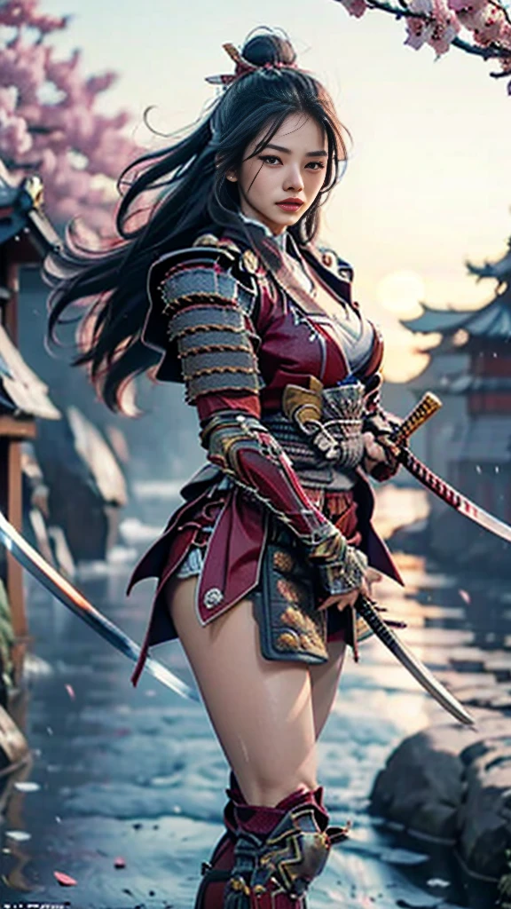  Sexy female character dressed as a warrior from the Sengoku period 、((toned body))、 toned body、The hair is cherry colored、 a sexy female character dressed as a warrior from the Sengoku period 、 The sakura-colored armor with a cherry blossom pattern engraved on it is a bikini type and is designed to accentuate chest exposure、 wearing a pink cloak 、 sakura-colored super miniskirt 、A shin guard with cherry blossom petals engraved on it、red high leg underwear、Sakura-colored tights 、 absolute domain、((dynamic angle)) 、((  wielding the sword powerfully 、sweat drips down my forehead、The wind blows through like a rough 々 、 part of the armor is swaying 、 the sword shines sharply when illuminated by the sunset 、 the sense of tension at the moment you swing it down dominates the air 、 A scene where powerful action and samurai dignity are emphasized))、 Strong yet elegant atmosphere 、She holds a sword with sharp eyes 、 The background is a battlefield with cherry blossoms scattered all over 、 she has plump breasts and plump thighs 、 Super high resolution and realistic touch 、 shiny armor and fabric texture 、 depicts dynamic poses in every detail 、