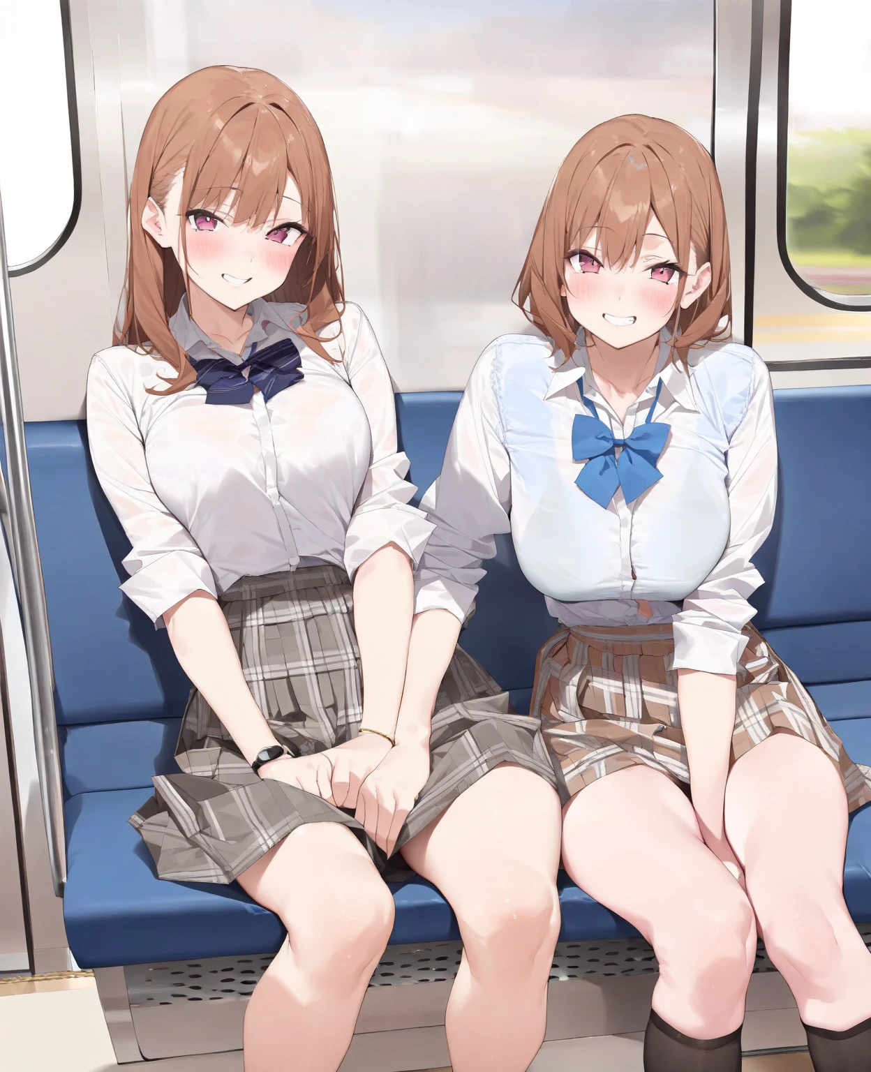 Highest quality, Ultra-high resolution, (Realistic: )2D official style cel animation,((2Girls sitting in a row))Primary school students、brown、ponytail、White Big Ribbon、Blue Check Mini Skirt,Summer Shirts,Unbutton、(Lace panties),loose socks,sneakers,Full body portrait,(From below),Train seats,sunny,Spread your legs、from the front、blush、shut up、