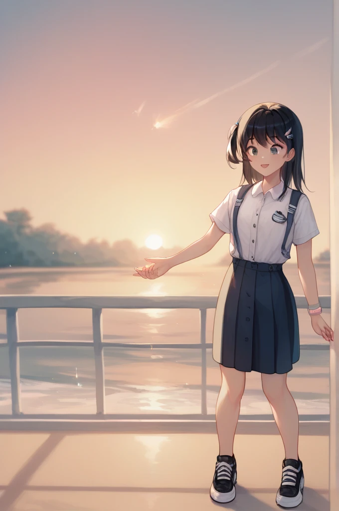 Chihiro, line drawing, a normal -yeld Jaese junior high school girl, (five fingers, 155cm tall), alone, sunset sky, (asymmetrical hair), black hair, women's navy suit, white shirt, short sleeves and hem, heelless black sneakers, humming