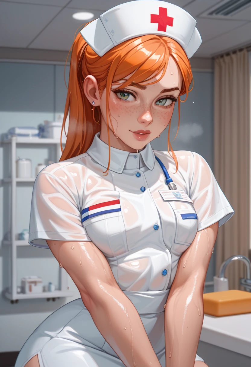 15-year-old American woman、Ginger Hair、freckles, small breast、Female sexy、nurse uniform、massive sweat, sweat covered body, moist skin, reflective skin, shiny skin, On the hopital, hospital background