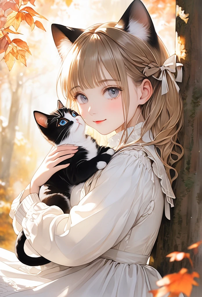 1 Female\(Cat ears,beautiful, so cute,I'm holding a kitten in my arms and pressing my face against it, white skin,Warm clothes,Lolita, \),  sitting, side_up,  side shot,background\(,autumn, sunlight filtering through the trees,\),  soft light,Watercolor, 、(masterpiece:1.2,  best quality, ), Synchrotron radiation,