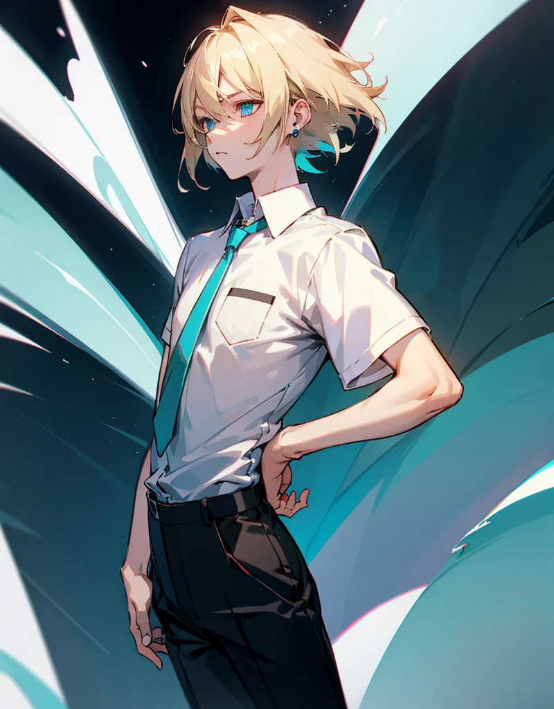 boy , blond,  medium length hair , wearing a short-sleeved white shirt tucked into black pants, Without a tie, the collar is unfastened , turquoise eyes, small ring earrings, stands straight 