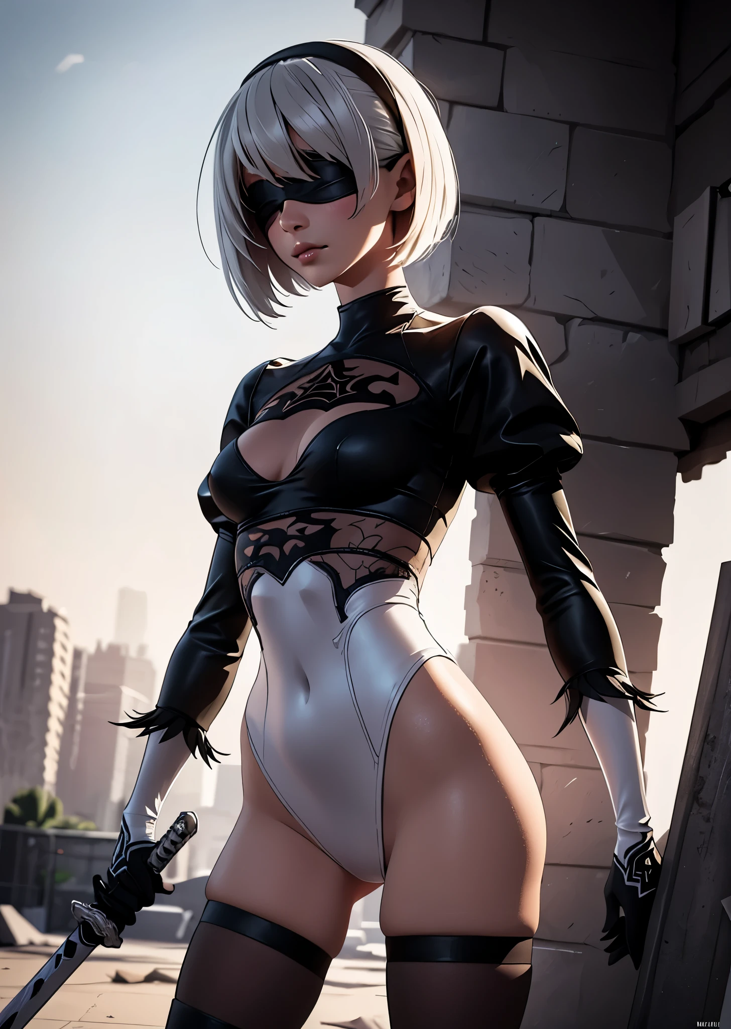 Yorha, white hair, black choker, big lips, mole under mouth, blue eyes, arms, up, ponytail, long hair, 1boy, serious, arms up, bulge, black gloves, leotard, deserted school yard, fog, (insanely detailed, beautiful detailed face, masterpiece, best quality), 2D art