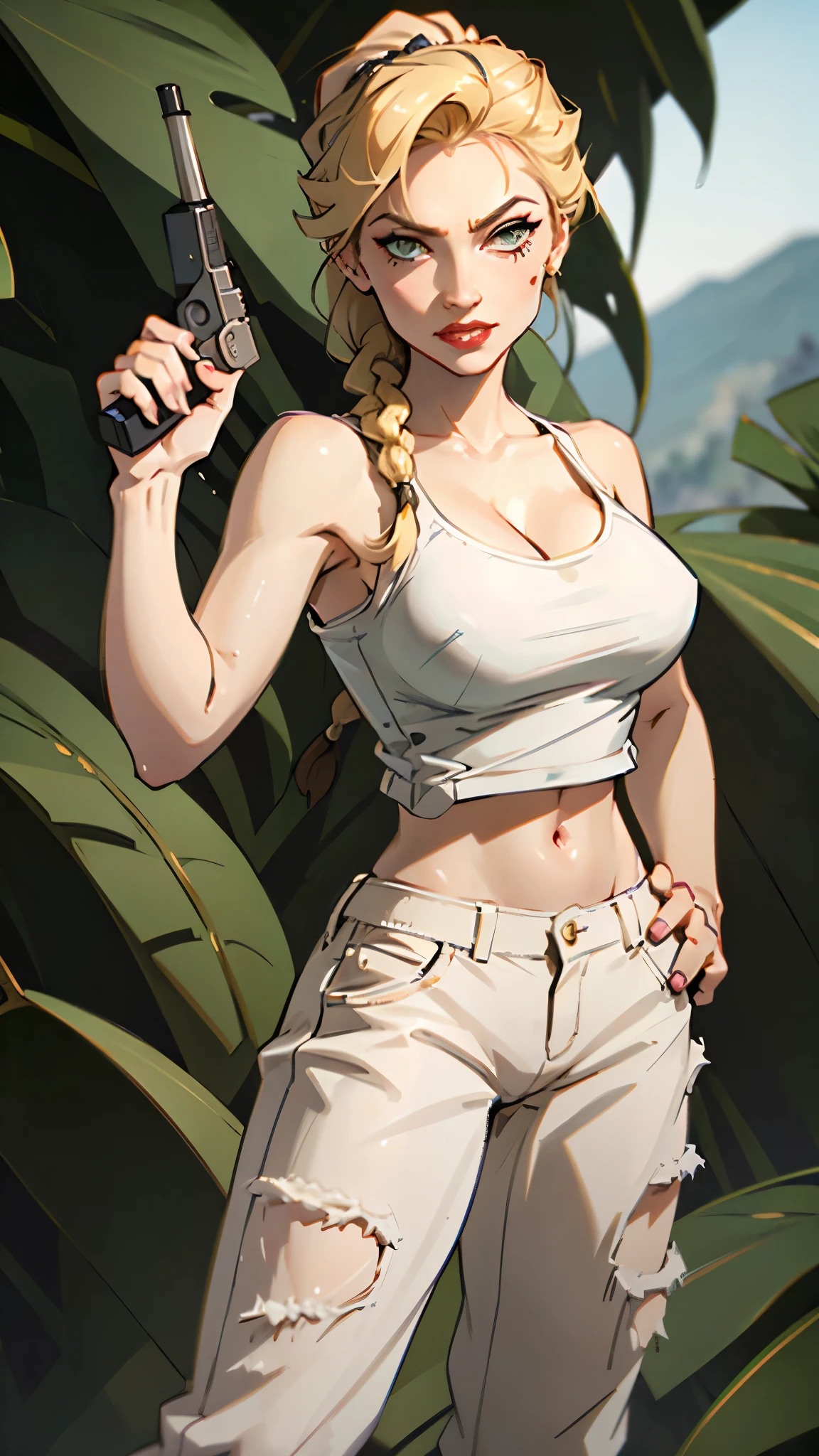 Denise, with helga's hair, evil smirk, blonde hair in braided ponytail, white tank top, cleavage, green pants, old-fashioned pistol in hand, underground cave, wet, nipple bumps