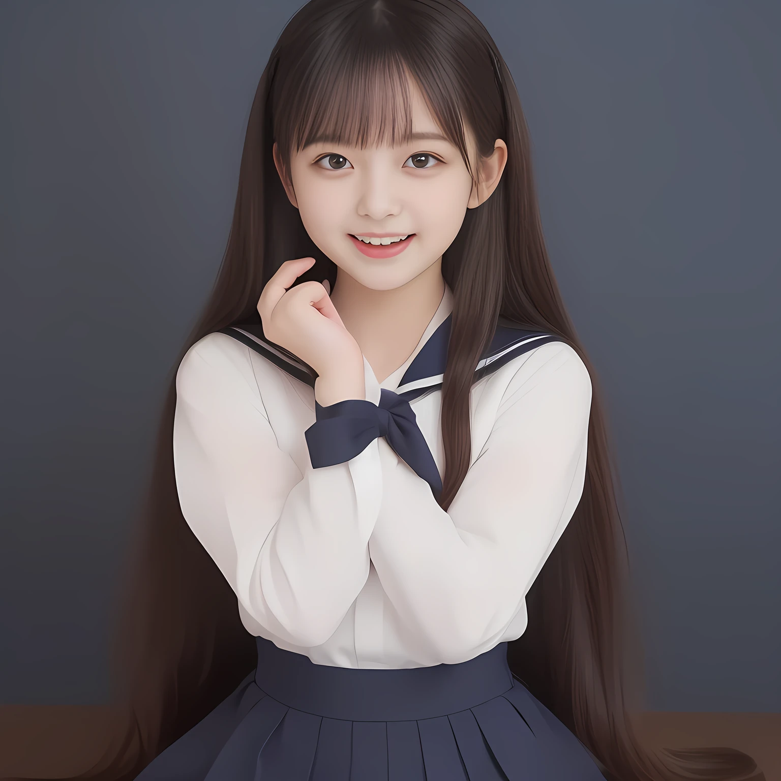 (Highest quality, masterpiece:1.2), Highest quality, High resolution, 1080P, 8k, (Two **** Japanese 美少女アイドル are seated and give strong subliminal sexual invitation and temptation, undressing navy uniform, cute skirt with beautiful knees, looking at the viewer, can't stop showing cute smile open mouth because of feeling the viewer too ridiculous, very white-white face, very proud of her long straight black hair, using face-whitening cosmetics, **** 美少女's eyes, Small pupils, opened laughing giggling most open mouth, too expensive navy sailor-styled school uniform, well-straitened super-long well-trimmed long hair, evenly neatly trimmed girly cute bangs: 1.5), (Laughing blushed cheeks with dimples), (Well-balanced, impressive, very intelligent, double-eyelids, black shining large eyes of **** 美少女 with detailed: 1.5), ((Beautiful well-figured glossy opened laughing lips: 1.2)), (mature breast), (The viewer can't stop madly kissing them because of her beauty and subliminal strong invitation), (Very beautiful, super-glossy, cute neat black amazingly long hair, straight well-done long hair-style: 1.3), (plain blue background: 1.6), (((Completely balanced beautiful big cool eyes, looking coldly at me!: 1.3))), (eyes, face and hair are especially beautifully detailed and beautifully drawn: 1.5), (The soft white light clearly shows her face extremely white: 1.2), (the viewer become crazy and can't stop bursting and running every liquid to 美少女, 美少女 is surprised : 1.7), (School uniform, too-cute slender 13歳 super-long-hair Japanese 美少女 idol twins are laughing at me and covering viewer, opening blouse front, everything is girly, neat and too beautiful: 1.6), (Super long hair super-beautiful 美少女 super-cute face navy-sailor-suit school-uniform pretty slender 美少女 of 美少女 photo magazine in the 1990s: 2.0), (Inevitable subliminal invitation and temptation to the eternal deep deep unreal pleasure of 美少女催眠)