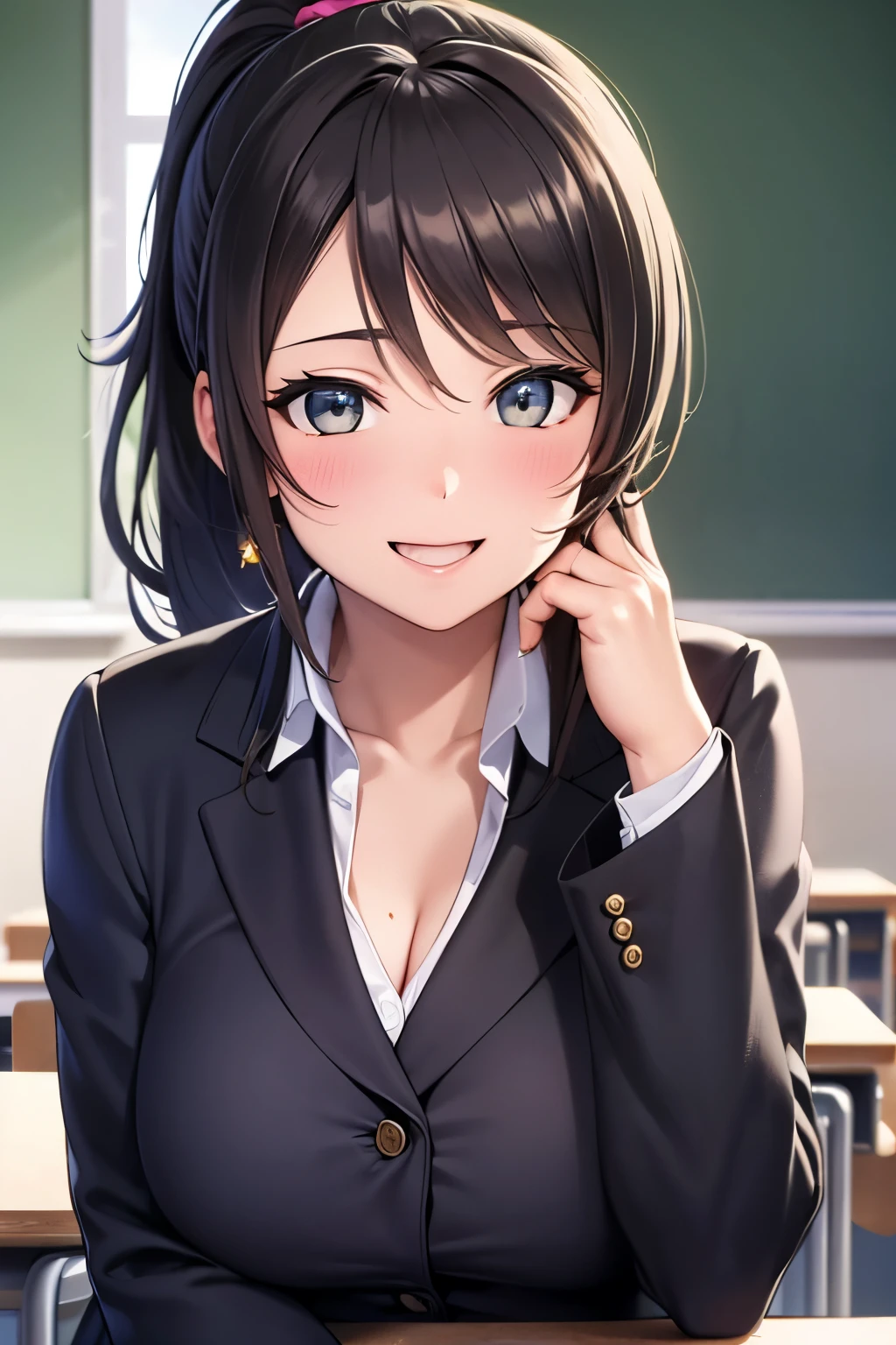  ( Maximum resolution :1.2)、(: 1.2), 8k resolution、 Extremely Detailed Face and Skin Textures , Cinematic Light、  perfect figure 、 Brown Eyes 、(( open your mouth:1.2))、(( Black Hair Ponytail :1.2))、(( realistic texture :1.1)  、( with very big breasts )、(( blushing smile ))、 big earrings 、((black blazer student uniform:1.2))、((classroom)) 、 black mini skirt、 cleavage、green chalkboard 、((slouch))、angle、blue lace pattern bra、 brown、 upper body up 