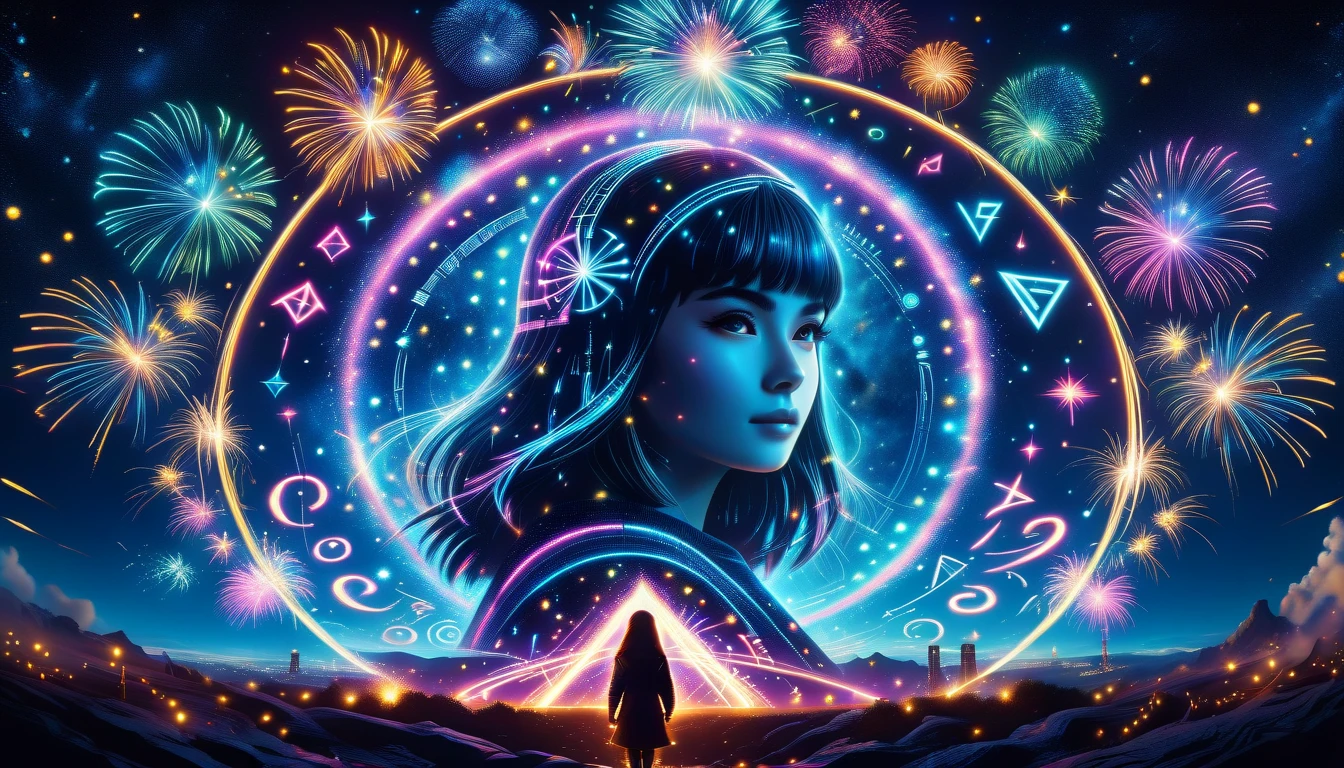 cline,  Mysterious Bezier Curves , Lucia,Runes, bangs,8k,
 Spirituality , Interstellar Civilization , Mysterism ,
ONE GIRL IN NEON ,Alone,最 High Quality ,  High Quality ,  high definition ,   Masterpiece , Sharpening, Nice face,
  Lal Fireworks, 
  Stencil Style ,