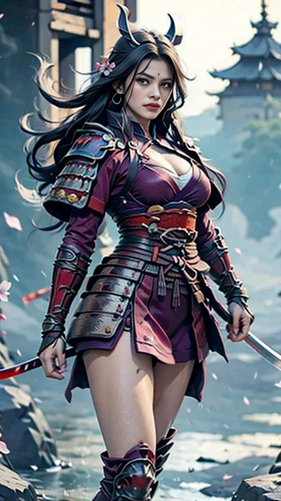  Sexy female character dressed as a warrior from the Sengoku period 、((toned body))、 toned body、 a sexy female character dressed as a warrior from the Sengoku period 、 The sakura-colored armor with a cherry blossom pattern engraved on it is a bikini type and is designed to accentuate chest exposure、 wearing a pink cloak 、 sakura-colored super miniskirt 、A shin guard with cherry blossom petals engraved on it、red high leg underwear、Sakura-colored tights 、 absolute domain、(full body)、((dynamic angle)) 、((  wielding the sword powerfully 、sweat drips down my forehead、The wind blows through like a rough 々 、 part of the armor is swaying 、 the sword shines sharply when illuminated by the sunset 、 the sense of tension at the moment you swing it down dominates the air 、 A scene where powerful action and samurai dignity are emphasized))、 Strong yet elegant atmosphere 、She holds a sword with sharp eyes 、 The background is a battlefield with cherry blossoms scattered all over 、 she has plump breasts and plump thighs 、 Super high resolution and realistic touch 、 shiny armor and fabric texture 、 depicts dynamic poses in every detail 、