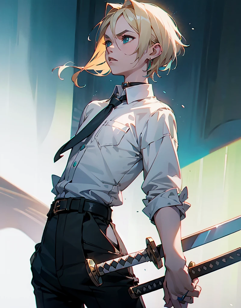 boy , blond,  medium length hair , wearing a short-sleeved white shirt tucked into black pants, Without a tie, the collar is unfastened , turquoise eyes, small ring earrings, stands straight, sword on the belt