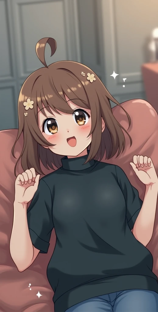 (nsfw),masterpiece,ultra detailed,sharp focus,high resolution,(v sign with both hands on face:1.5),(aroused:1.5),,curvy female,face focus,off-the -shoulder sweater and short skirt,brown wavy hair,tongue,at naughty hotel,(sweaty:1.2),grinning,cum on e,(trembling,flying heart-shapes),squatting and spreading legs,