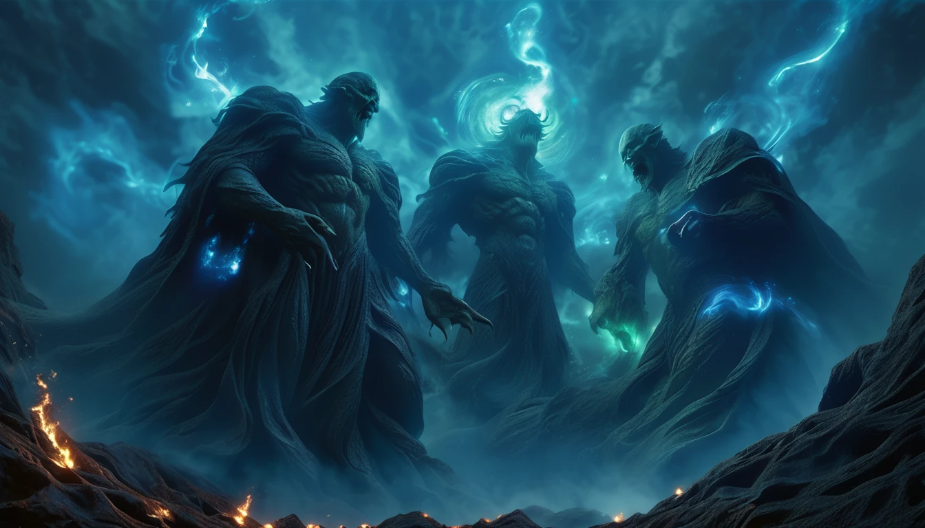 ( best size ,4K,8 k, high definition,masterpiece:1.2), extra detailed,( realistic,photo realistic,photo- realistic:1.37), Giant demons with three faces from another dimension ,  summoned from the magic circle , Cosmic Horror, deformed fog ,  chaos with blue flames, terrifying figure ,  shrouded in blue flames ,  overwhelming violence ,  that plunges the world into chaos ,  freeing imagination ,  breaking restrictions ,  creating a new world  (amazingly powerful and  realistic composition by Greg Rutkowski:1.2)