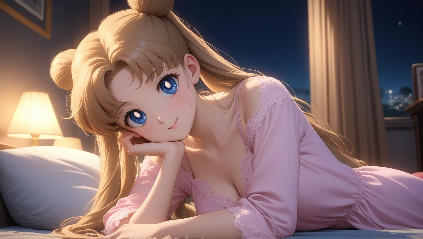 (masterpiece, best quality, very aesthetic, ultra detailed), intriguing details , 4K, aausagi, long hair, double bun, twintails, smile, bedroom, night, Elbows resting, looking at camera, pink nightgown