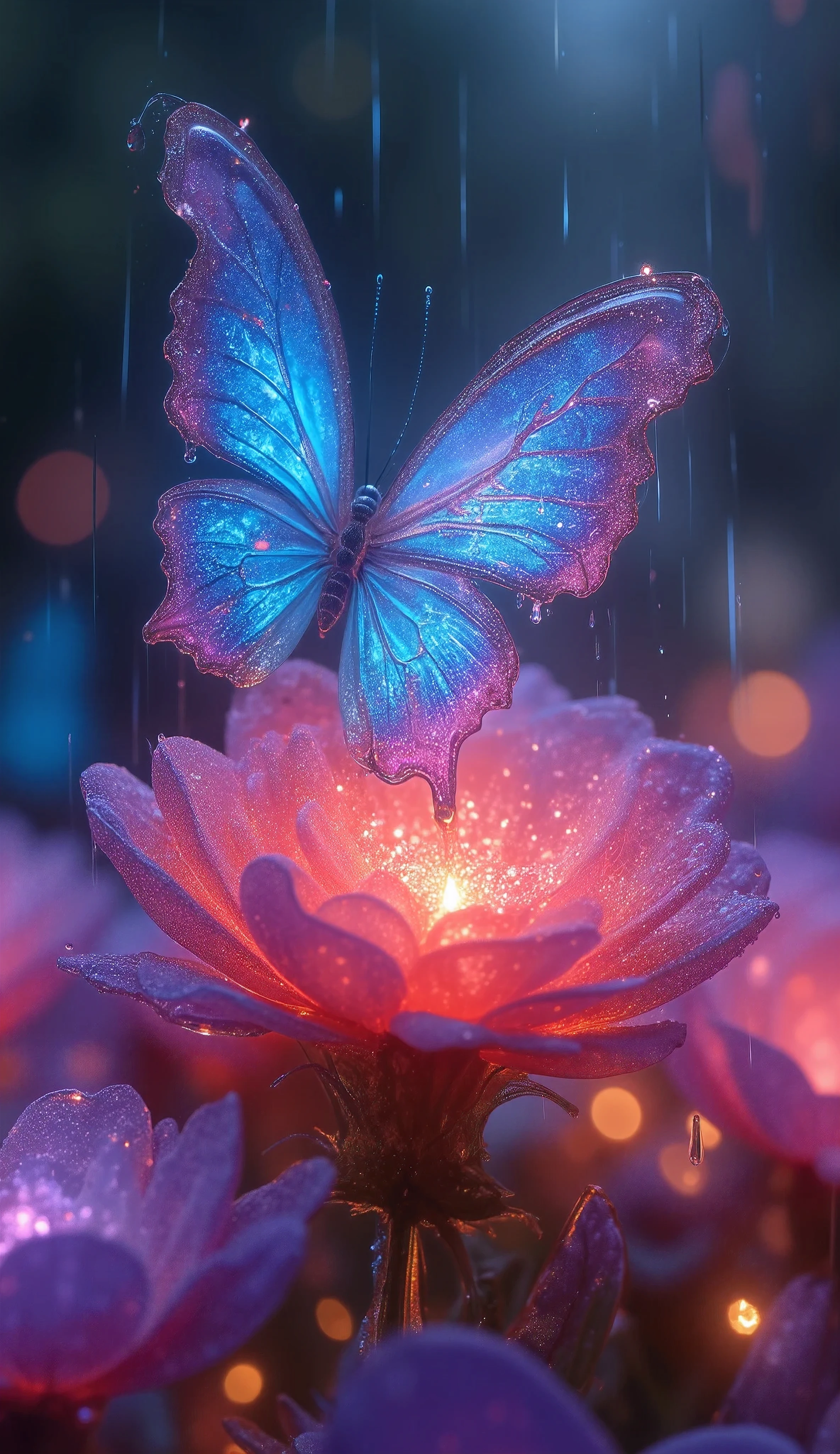  translucent petals and butterflies layer on top of the body,  vibrant colors dancing in large numbers ,  full color glow without color ,  glittering luminescence wafting with melancholy , This is rain... 