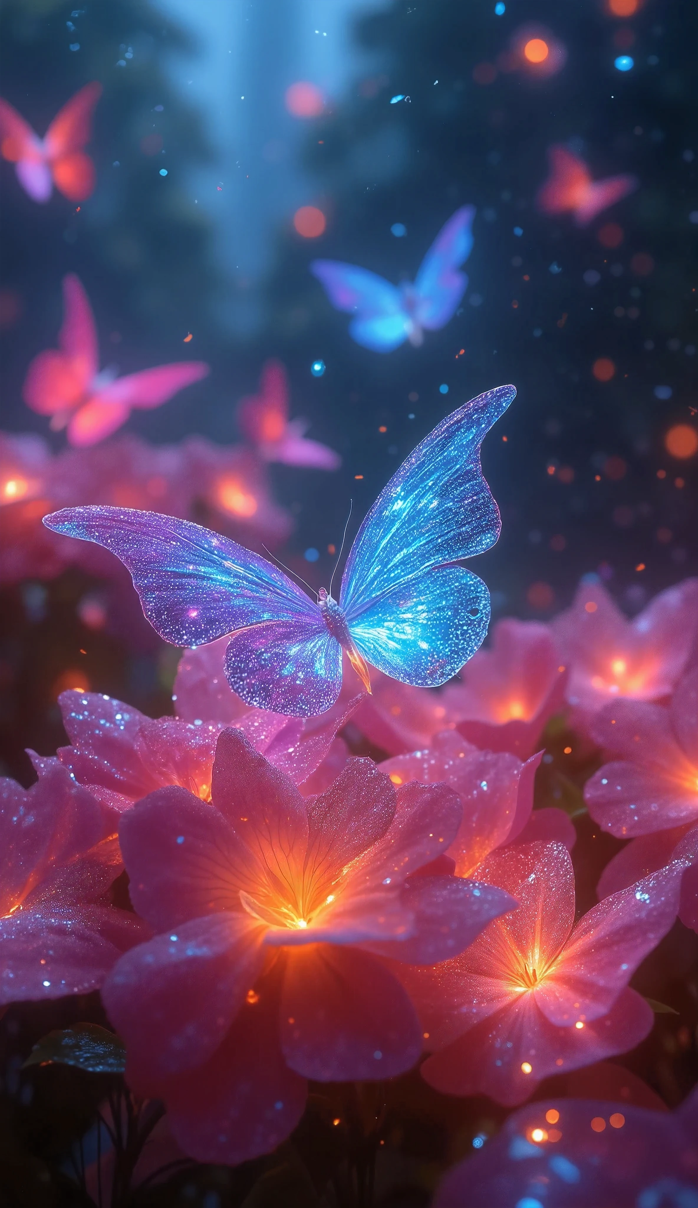  translucent petals and butterflies layer on top of the body,  vibrant colors dancing in large numbers ,  full color glow without color ,  glittering luminescence wafting with melancholy , This is rain... , Can you create 、 dancing petals on a rainy day without drawing rain？, 