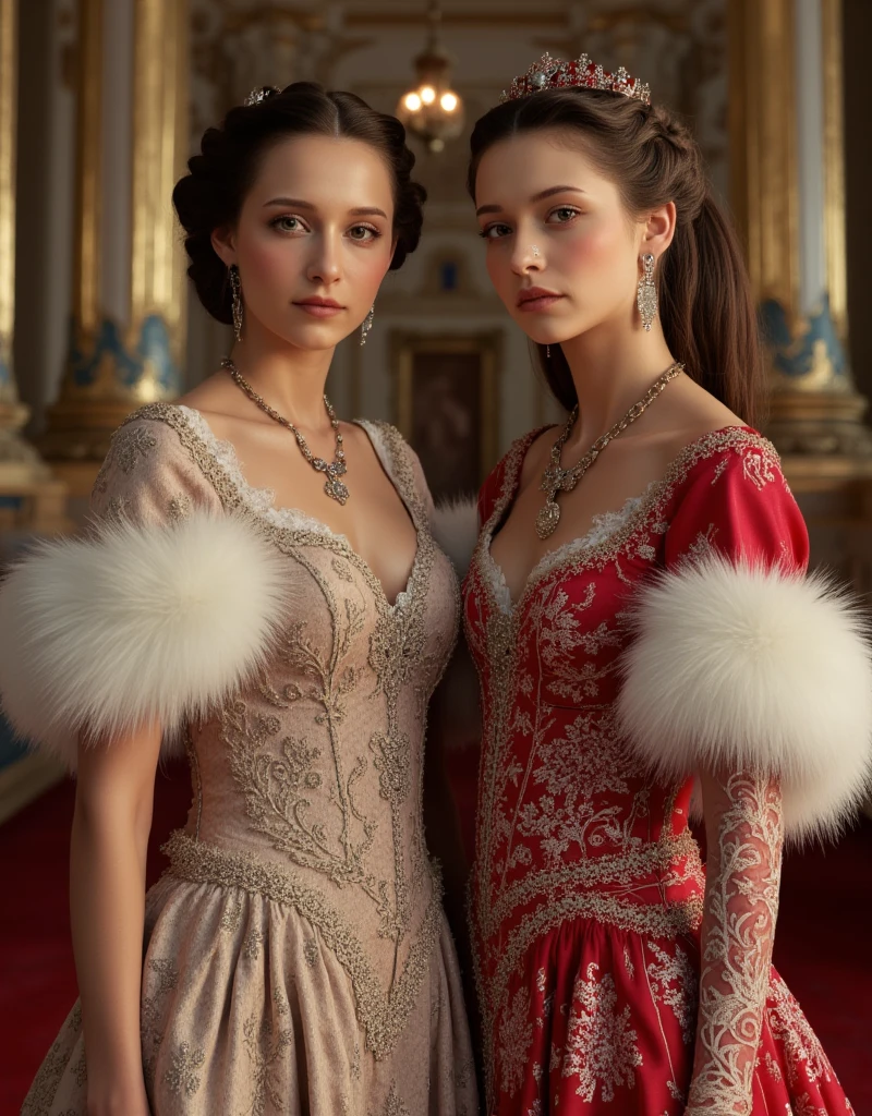  Russian Women During the Russian Empire、Russian Ladies in Luxurious Dresses 、(((palace)))Fur cape、 viewer、((( viewers、Pair of women)))、 fur coats。