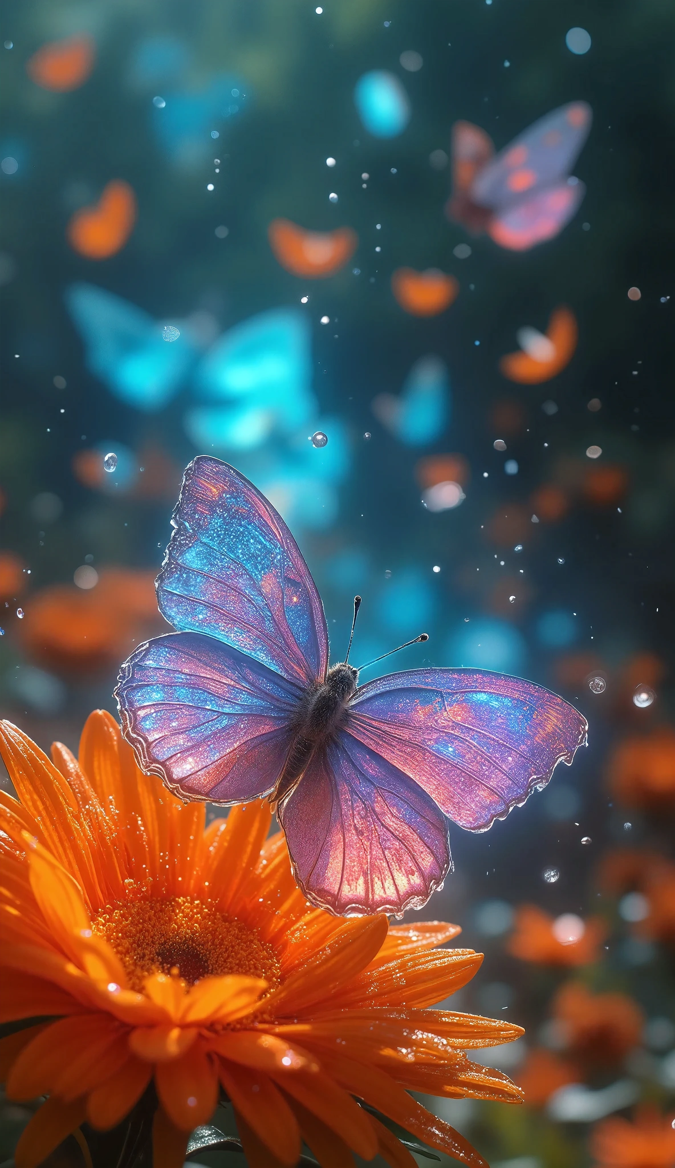 translucent petals and butterflies layer on top of the body, vibrant colors dancing in large numbers , full color glow without color , glittering luminescence wafting with melancholy , This is rain... , Can you create 、 dancing petals on a rainy day without drawing rain?, The petals that are in full bloom are scattered as if it were raining..., I'm going to search for colors that provide you with pleasure..., Green Accent , Multi-colored color research 、 tells you that rain is coming , An absurd and realistic aesthetic world where petals are scattered...