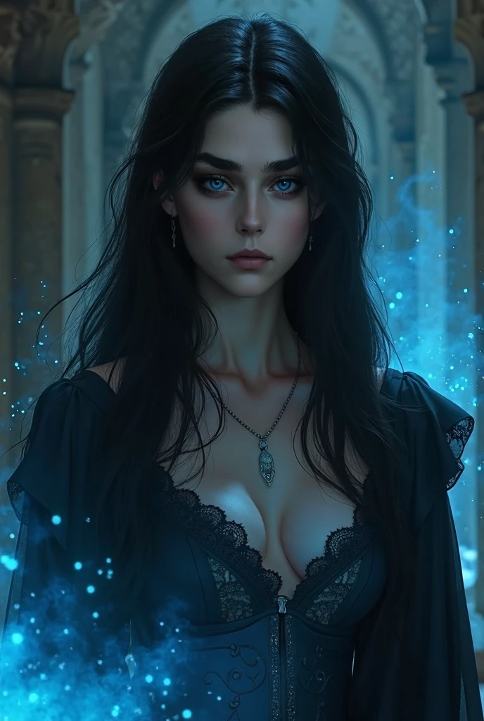 Beautiful woman resembling the Yennefer from The Witcher with long black hair and violet eyes bright as constellations, obra prima, ultra qualidade, 8k, cabelos caindo sobre seus ombros, in the background a cemetery