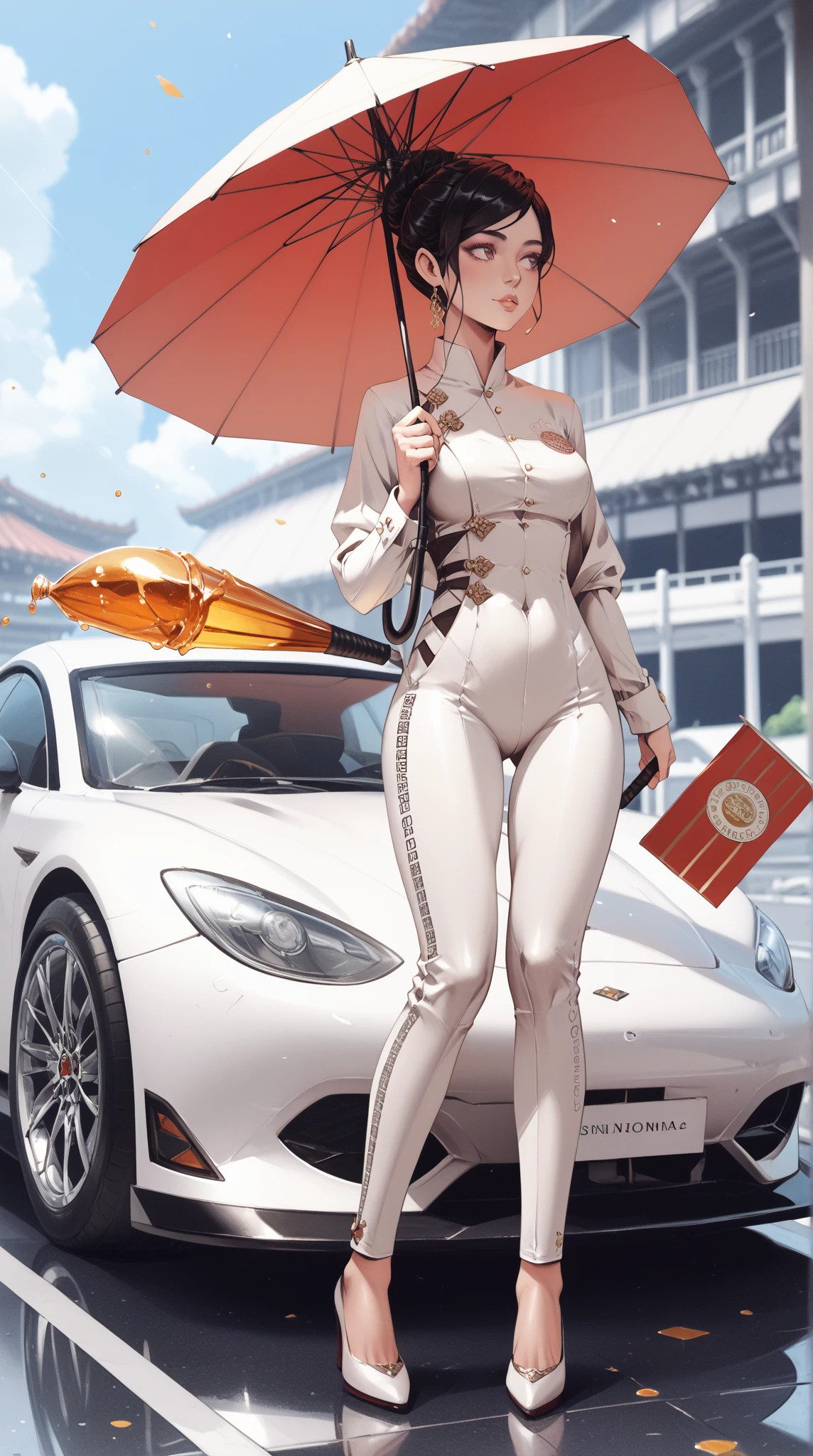  A beautiful young Korean woman .
 black hair, seeds, far away, fluttering in the wind.
 Oriental honey-colored eyes .
 She is dressed in Formula 1 jumpsuit , sexy, provocative. 
 Holding an umbrella next to a Formula 1 car.
In the background a Formula 1 track .
 full body . 
 long thin legs , sexy.
