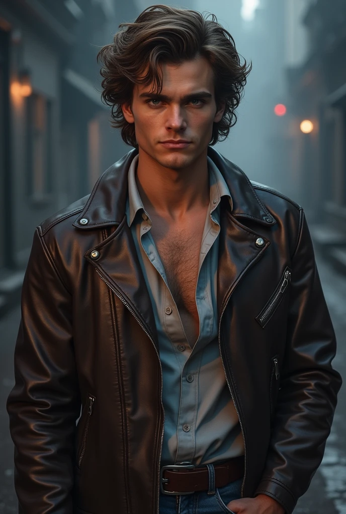 a rustic boy, 25 years old, curly curly hair, lightbrown eyes, male pose standing in a dark alley, mysterious lighting, Muscular Physique, looking at the camera, anger, jaket