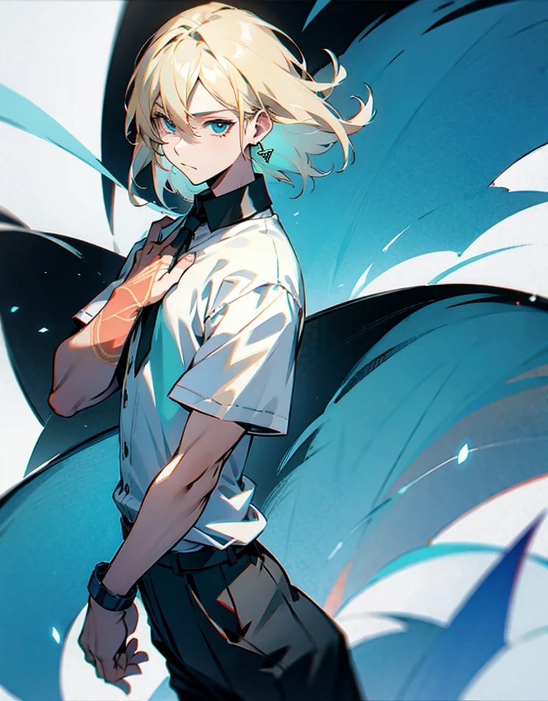 boy , blond,  medium length hair , wearing a short-sleeved white shirt tucked into black pants, Without a tie, the collar is unfastened , turquoise eyes, small ring earrings, stands straight 