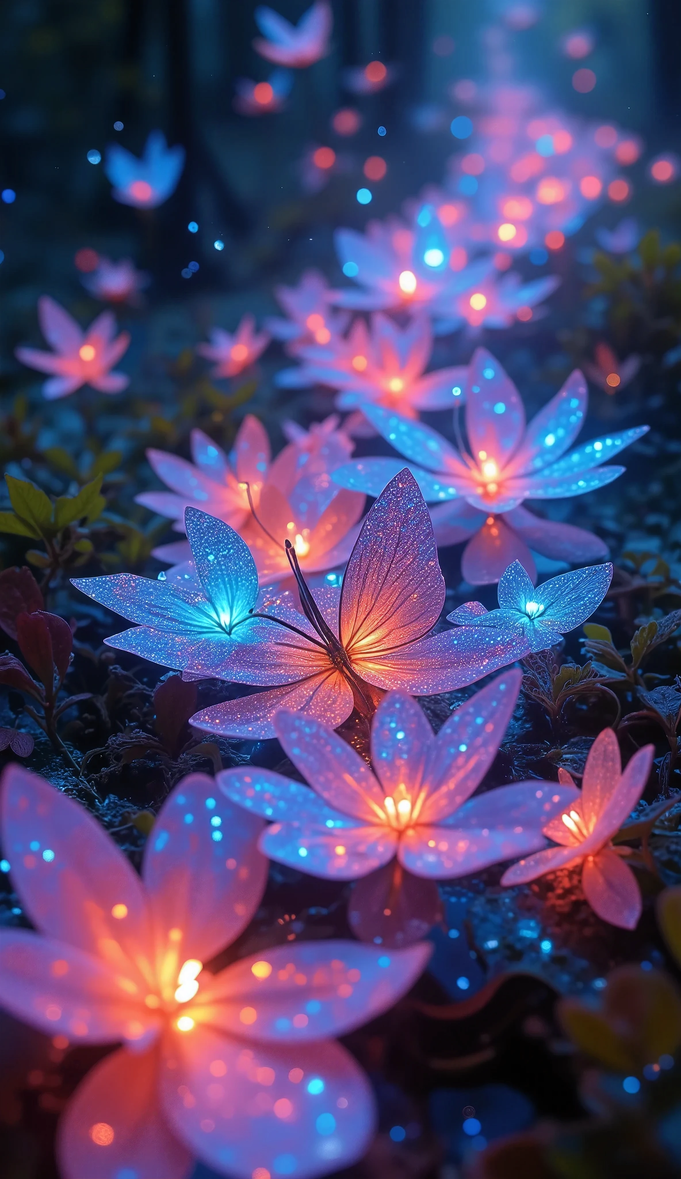 translucent petals and butterflies layer on top of the body, vibrant colors dancing in large numbers , full color glow without color , glittering luminescence wafting with melancholy , This is rain...