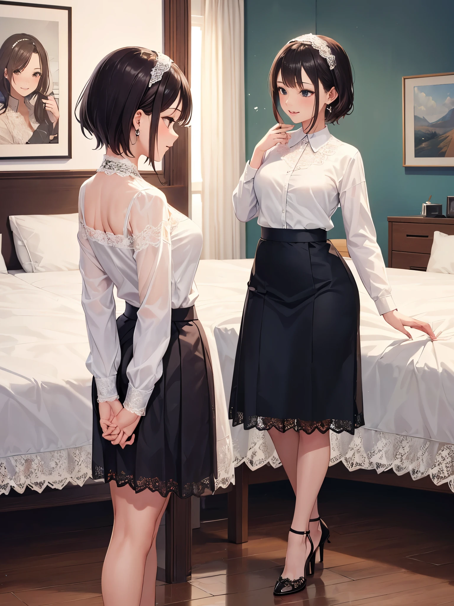 middle age girl1 person、You can see skyscrapers from the window、President's Office、president's secretary、ponytail、night、business suit、white blouse、Tight Skirt、garter stockings、spread your legs、show off、exposed chest、pink nipples、an inviting face、I feel like having sex、Top and bottom set underwear、sexy panties