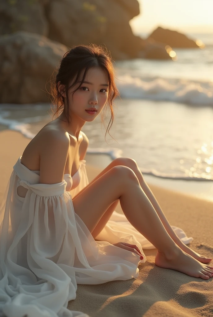 （in 8K)、top-quality、​masterpiece、超A high resolution)　Beach、Beach、robe blanche、A Japanese Lady、Waves are hanging at your feet、sitting on