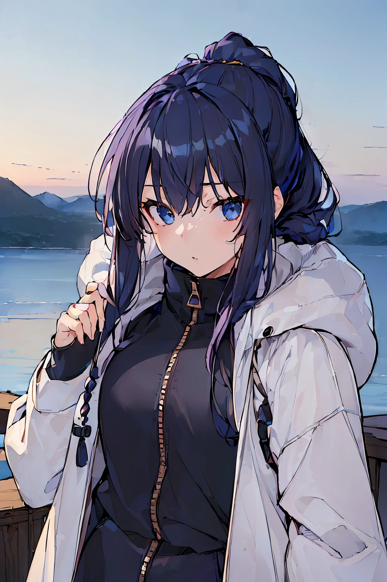 (((Best quality, 8k, Masterpiece: 1.3)), ((best quality)), ((masterpiece)), (detailed), perfect face, perfect body, (detailed skin:1.3), (intricate details), streaked hair, braided ponytail, navy blue mountain parka, outerwear, women's, fleece, hood, outdoor