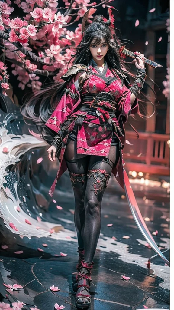  Sexy female character dressed as a warrior from the Sengoku period 、((toned body))、 toned body、 a sexy female character dressed as a warrior from the Sengoku period 、 The sakura-colored armor with a cherry blossom pattern engraved on it is a bikini type and is designed to accentuate chest exposure、 wearing a pink cloak 、 sakura-colored super miniskirt 、A shin guard with cherry blossom petals engraved on it、red high leg underwear、Sakura-colored tights 、 absolute domain、(full body)、((dynamic angle)) 、(( Wave your sword powerfully ))、 Strong yet elegant atmosphere 、She holds a sword with sharp eyes 、 The background is a battlefield with cherry blossoms scattered all over 、 she has plump breasts and plump thighs 、 Super high resolution and realistic touch 、 shiny armor and fabric texture 、 depicts dynamic poses in every detail 、