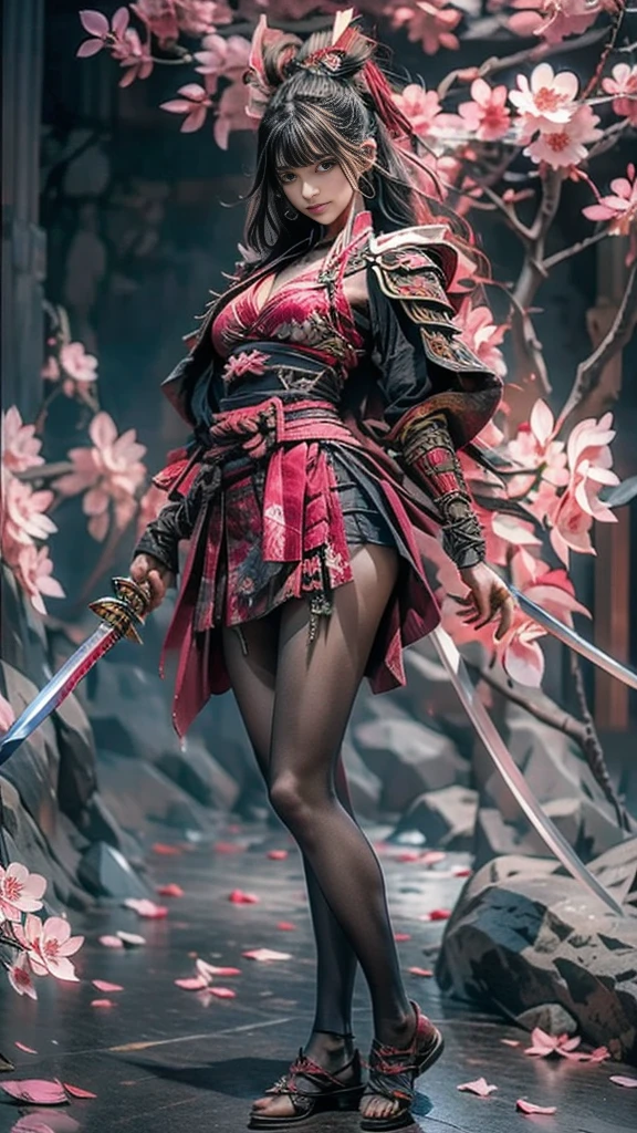  Sexy female character dressed as a warrior from the Sengoku period 、((toned body))、 toned body、 a sexy female character dressed as a warrior from the Sengoku period 、 The sakura-colored armor with a cherry blossom pattern engraved on it is a bikini type and is designed to accentuate chest exposure、 wearing a pink cloak 、 sakura-colored super miniskirt 、A shin guard with cherry blossom petals engraved on it、red high leg underwear、Sakura-colored tights 、 absolute domain、(full body)、((dynamic angle)) 、(( Wave your sword powerfully ))、 Strong yet elegant atmosphere 、She holds a sword with sharp eyes 、 The background is a battlefield with cherry blossoms scattered all over 、 she has plump breasts and plump thighs 、 Super high resolution and realistic touch 、 shiny armor and fabric texture 、 depicts dynamic poses in every detail 、