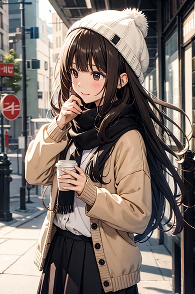  One Girl with Him , 秋の紅leaf, bangs,  black headwear  ,  blurry background, ,  Brown Eyes  ,  brown hair, brown scarf, brown  skirt,  cardigan, coffee,  cowboy shooting , cup, disposable cup, [[drink, 落ちleaf, Beanie, holding, holding [[drink, leaf,  long hair,  Long Sleeve  ,  viewers , open  cardigan, Open your mouth , Check pattern, Check pattern  skirt, puffy  Long Sleeve  , red  sweater, scarf,  shirt,  shirt tucked in,  side lock,  skirt, smile, Alone,  sweater, white  shirt,  Very detailed,  complicated, masterpiece,  absurd
