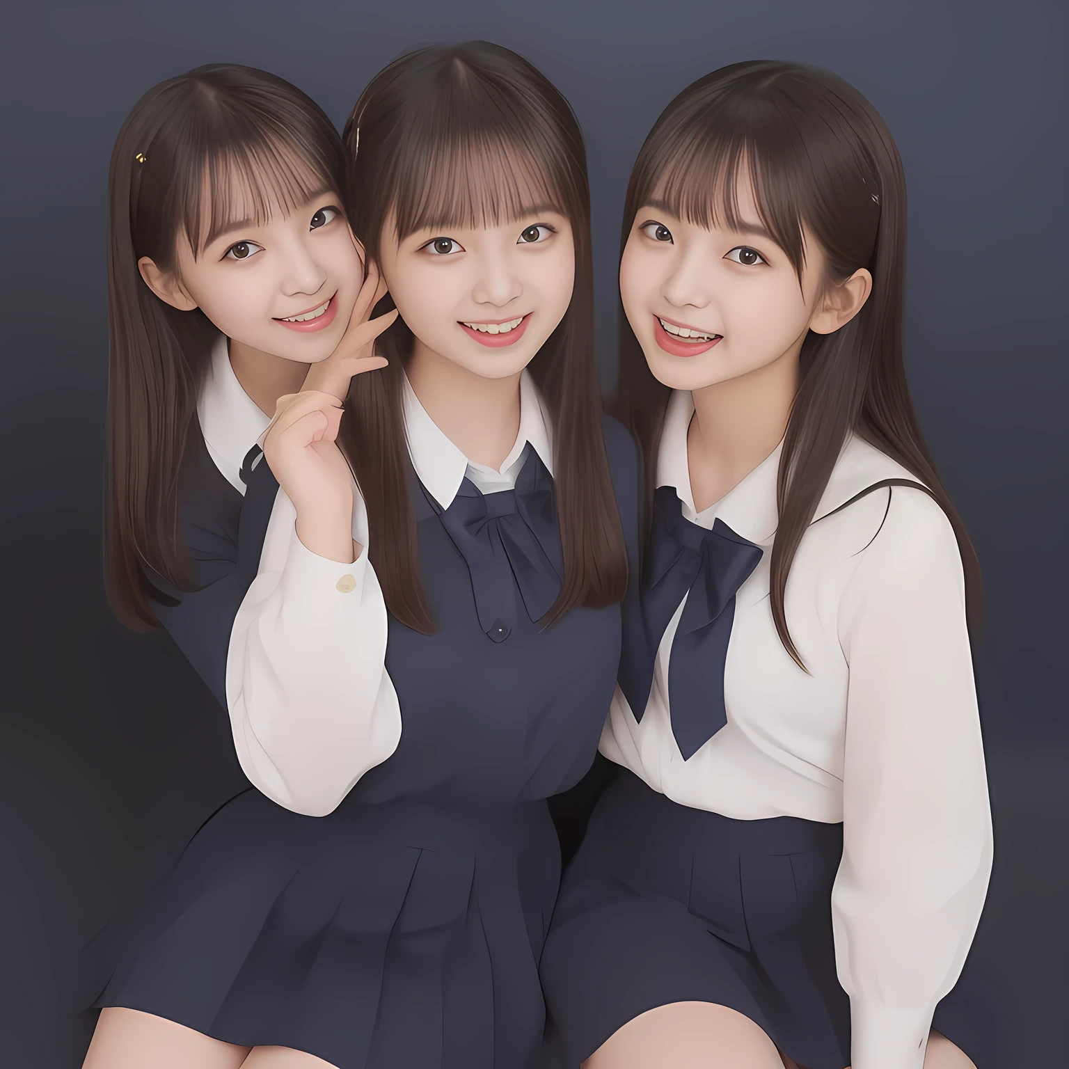 (Highest quality, masterpiece:1.2), Highest quality, High resolution, 1080P, 8k, (Two yo Japanese 美少女アイドル are seated and give strong subliminal sexual invitation and temptation, undressing navy uniform, cute skirt with beautiful knees, looking at the viewer, can't stop showing cute smile open mouth because of feeling the viewer too ridiculous, very white-white face, very proud of her long straight black hair, using face-whitening cosmetics, 13yo 美少女's eyes, Small pupils, opened laughing giggling most open mouth, too expensive navy sailor-styled school uniform, well-straitened super-long well-trimmed long hair, evenly neatly trimmed girly cute bangs: 1.5), (Laughing blushed cheeks with dimples), (Well-balanced, impressive, very intelligent, double-eyelids, black shining large eyes of 14yo 美少女 with detailed: 1.5), ((Beautiful well-figured glossy opened laughing lips: 1.2)), (mature breast), (The viewer can't stop madly kissing them because of her beauty and subliminal strong invitation), (Very beautiful, super-glossy, cute neat black amazingly long hair, straight well-done long hair-style: 1.3), (plain blue background: 1.6), (((Completely balanced beautiful big cool eyes, looking coldly at me!: 1.3))), (eyes, face and hair are especially beautifully detailed and beautifully drawn: 1.5), (The soft white light clearly shows her face extremely white: 1.2), (the viewer become crazy and can't stop bursting and running every liquid to 美少女, 美少女 is surprised : 1.7), (School uniform, too-cute slender 13歳 super-long-hair Japanese 美少女 idol twins are laughing at me and covering viewer, opening blouse front,  Remove the button, Take off your jacket: 2.0), (Super long hair super-beautiful 美少女 super-cute face navy-sailor-suit school-uniform pretty slender 美少女 of 美少女 photo magazine in the 1990s: 2.0), (Inevitable subliminal invitation and temptation to the eternal deep deep unreal pleasure of 美少女催眠)