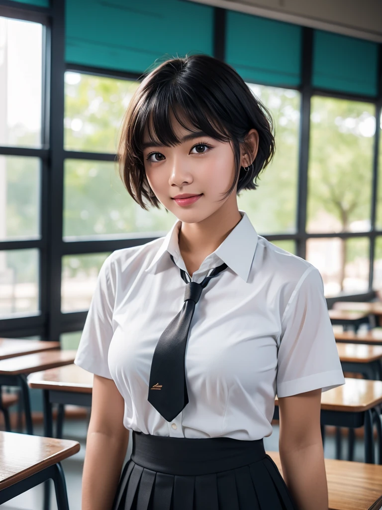 cinematic lighting, depth of field, masterpiece, best quality, super detail, anatomically correct, accurate, textured skin, 4K, young girl, black short hair, diagonal bangs, tie up hair, aqua eyes, mole under eye, light smile, big breast, mathayom uniform, white shirt short sleeves, black pleated long skirt, standing in classroom, many student