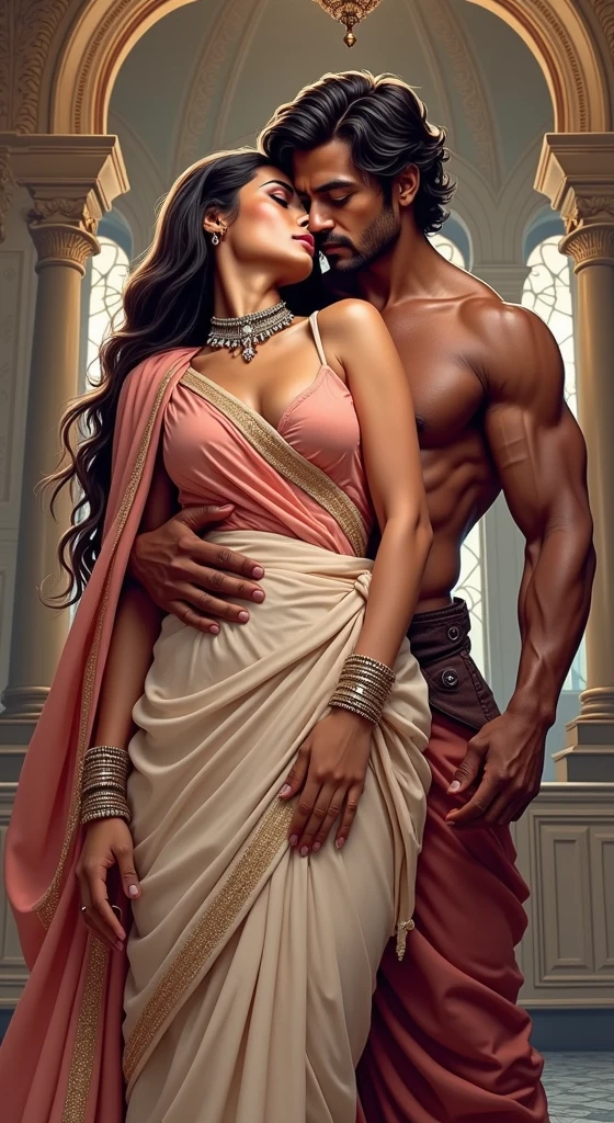 ((best quality)), ((masterpiece)), (detailed), (couple), ((1woman, 1man)) , ugly old man, heavy rough unhygienic beard, (feminine beautiful indian hindu woman), natural woman breast, indian goddess in jewellery, woman in transparent saree, (man groping woman forcefully from back), man grabbing woman crotch, (fantasy illustration:1.3), enchanting gaze, captivating pose, sexy, NSFW, rough, evil look, dominating man, submissive woman , uncomfortable woman, (high-resolution:1.2)