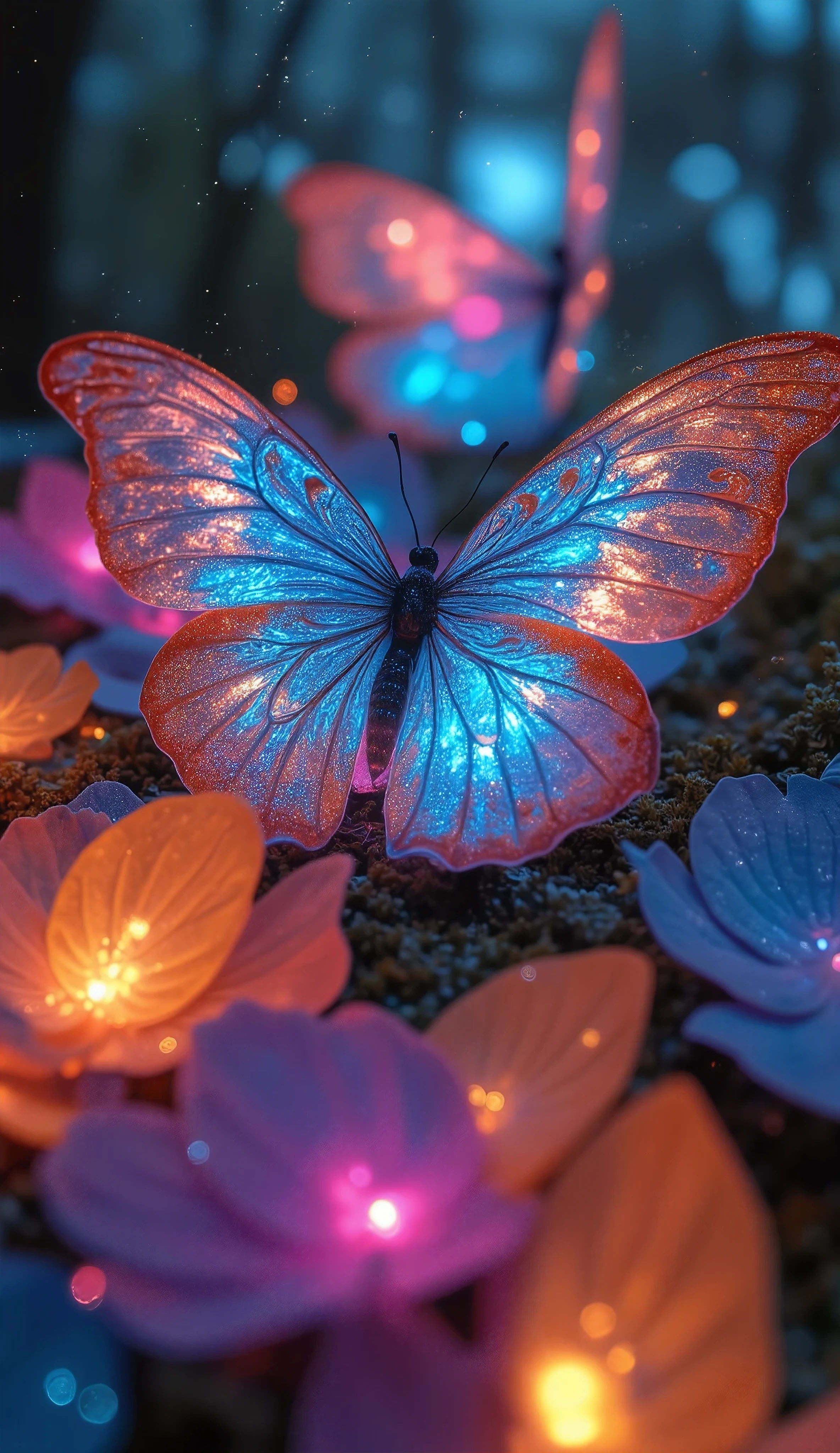 translucent petals and butterflies layer on top of the body, vibrant colors dancing in large numbers , full color glow without color , glittering luminescence wafting with melancholy , This is rain... , Can you create 、 dancing petals on a rainy day without drawing rain?, The petals that are in full bloom are scattered as if it were raining..., I'm going to search for colors that provide you with pleasure..., Green Accent , Multi-colored color research 、 tells you that rain is coming , An absurd and realistic aesthetic world where petals are scattered...
