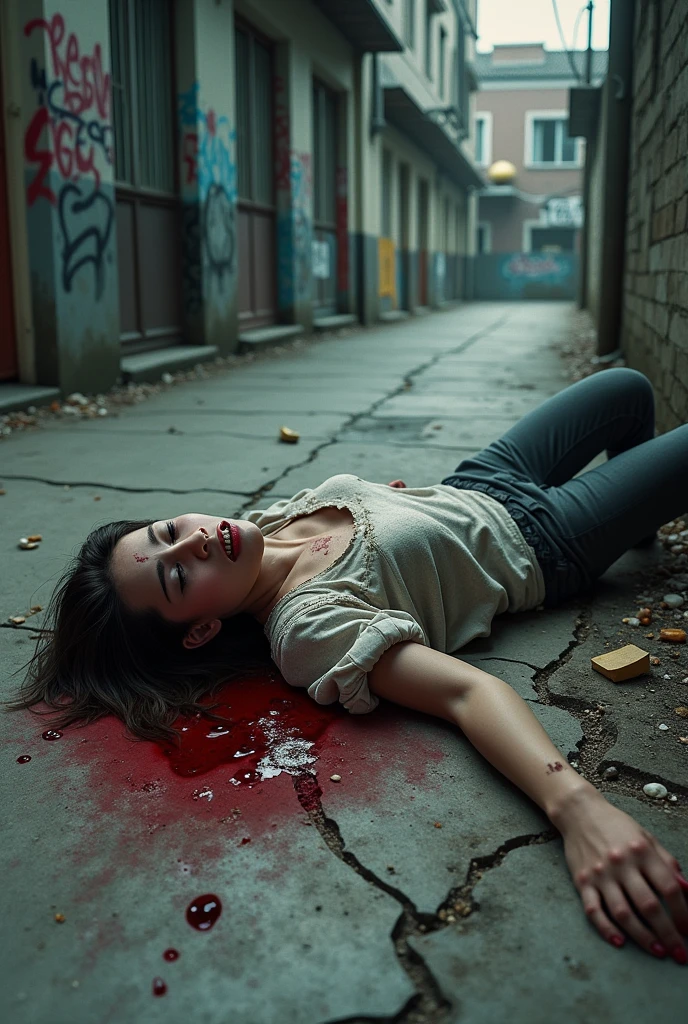 cinematic scene of a femicide. you can only see the woman's hand stained with blood. the blood flows between the joints of the pavement. 4k photo. super details, cinematic photo, 4k details, (((hd resolution)))
