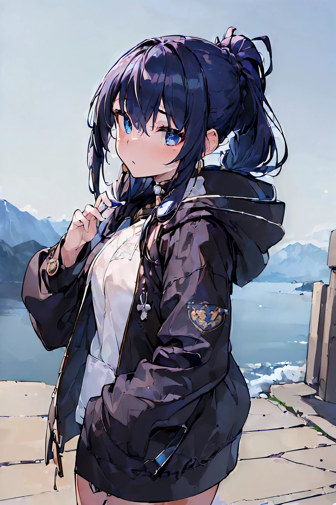 (((Best quality, 8k, Masterpiece: 1.3)), ((best quality)), ((masterpiece)), (detailed), perfect face, perfect body, (detailed skin:1.3), (intricate details), streaked hair, braided ponytail, navy blue mountain parka, outerwear, women's, fleece, hood, outdoor