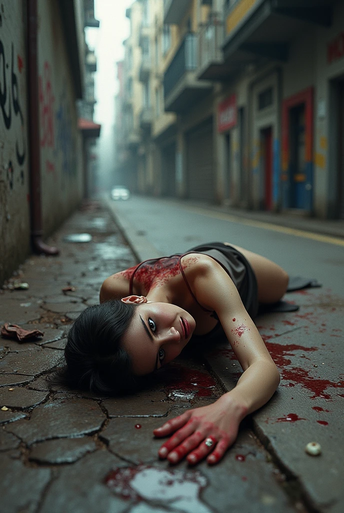 realist, chica gótica dead de cabello corto negro, muscular, defined and sensual sweaty muscles, black micro bikini, bellybutton piercing, necklaces, bangles, Gothic accessories, gothic makeup, bathed in sweaty oil on her skin, with excess blood, blood stained skin, with bullet holes all over his body, lying down, collapsed on the ground and lifeless, with eyes closed, with an expression of suffering and agony, dead, beautiful, sexy, attractive, Erotic, young, destroyed city with cloudy sky, cold and grey environment, gore, 4k, HD, masterpiece